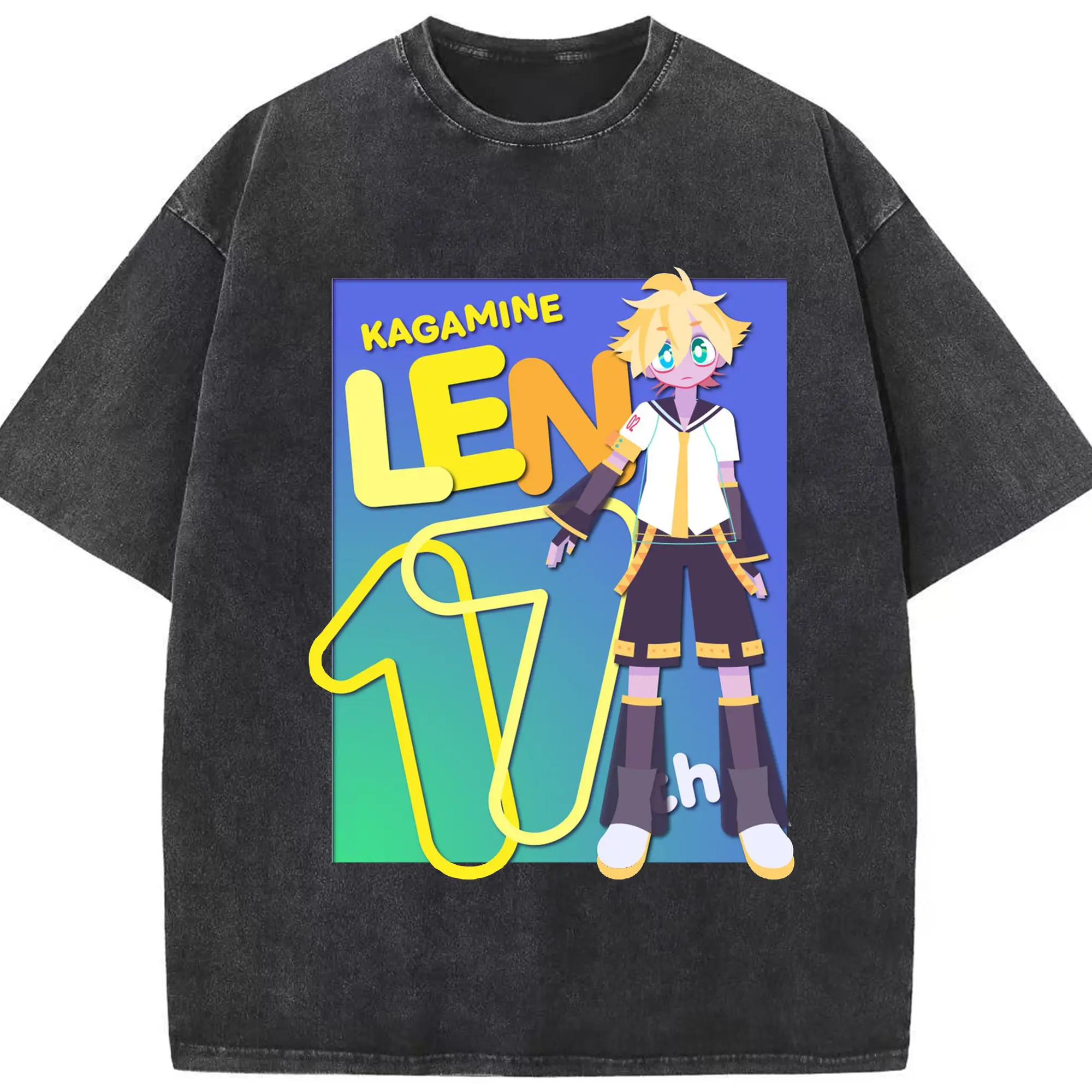 鏡音レンKagamine Len 17th - 綿100％ ヴィンテージ風 半袖Tシャツ ・ フロントプリント ・ 柔らか肌触り ・ 通気性 快適 ・ スポーツ カジュアル 外出用