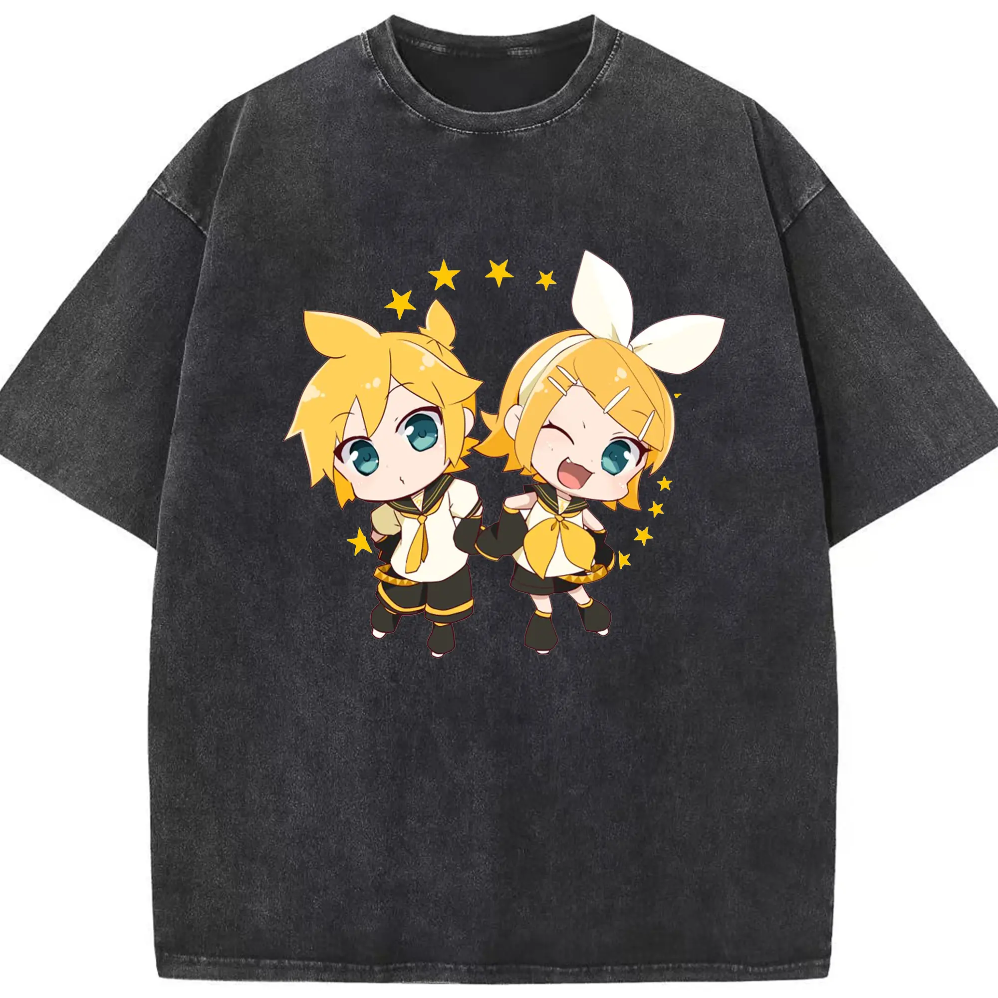 鏡音リン・レン かわいいスタイル - 綿100％ ヴィンテージ風 半袖Tシャツ ・ フロントプリント ・ 柔らか肌触り ・ 通気性 快適 ・ スポーツ カジュアル 外出用