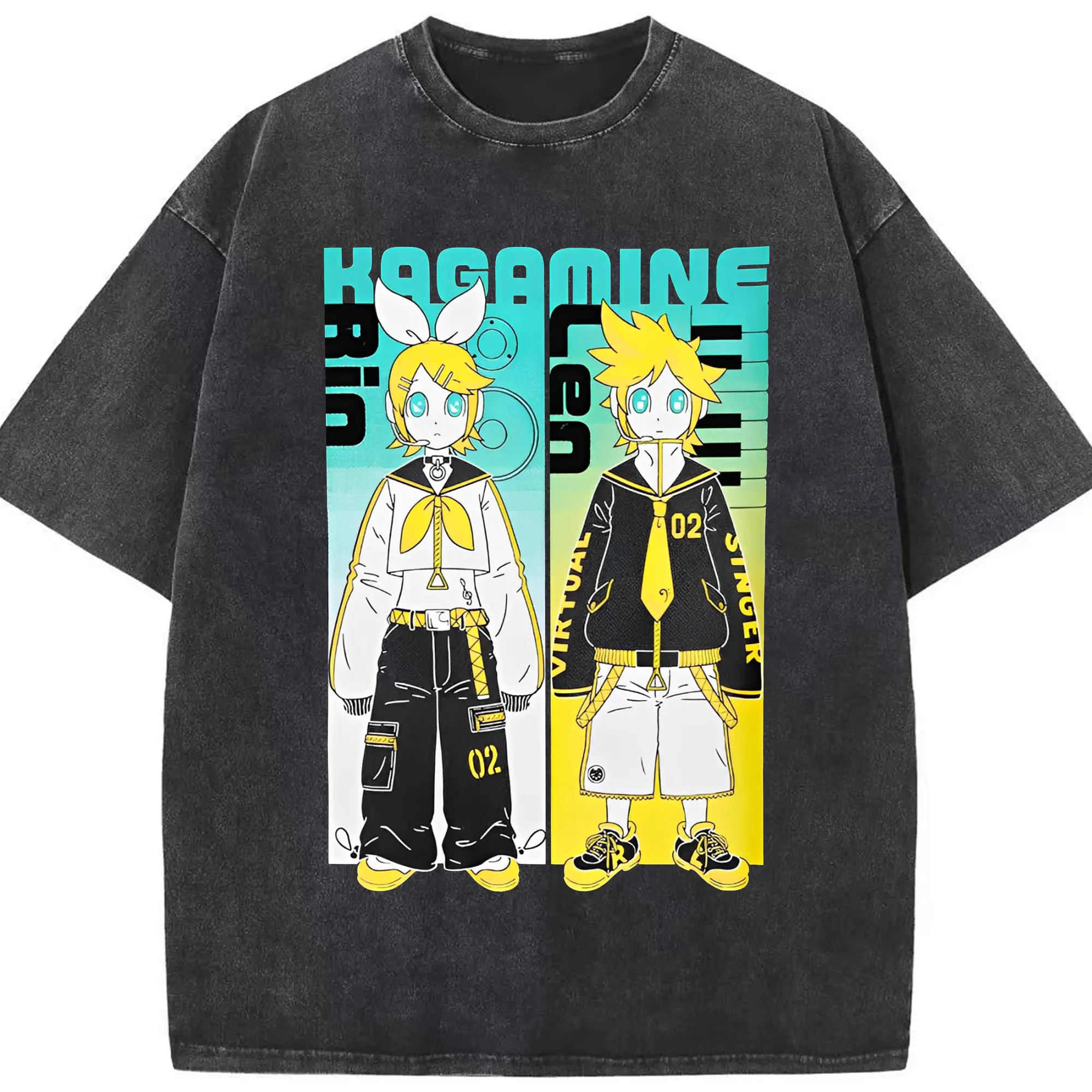 VOCALOID Kagamine Rin/Len 02 - 綿100％ ヴィンテージ風 半袖Tシャツ ・ フロントプリント ・ 柔らか肌触り ・ 通気性 快適 ・ スポーツ カジュアル 外出用