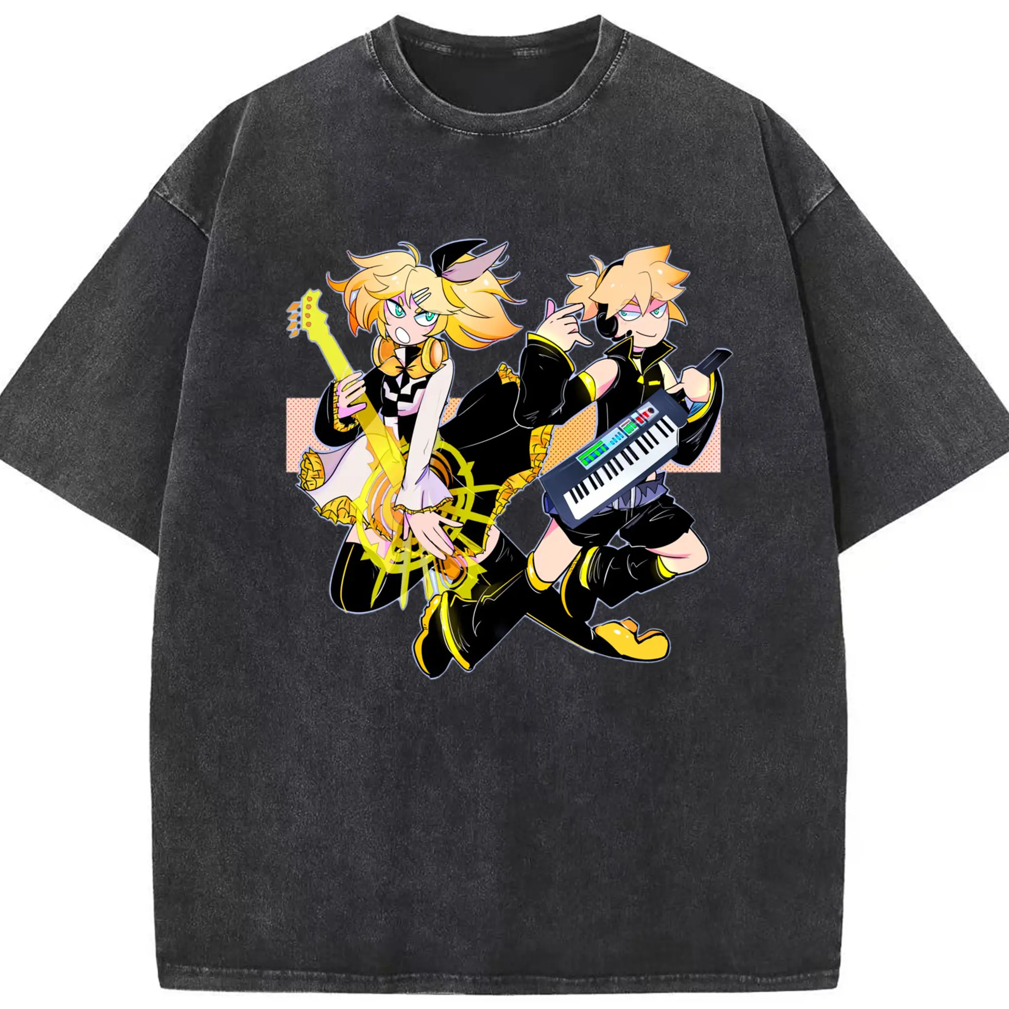 鏡音リン・レン クールスタイル - 綿100％ ヴィンテージ風 半袖Tシャツ ・ フロントプリント ・ 柔らか肌触り ・ 通気性 快適 ・ スポーツ カジュアル 外出用