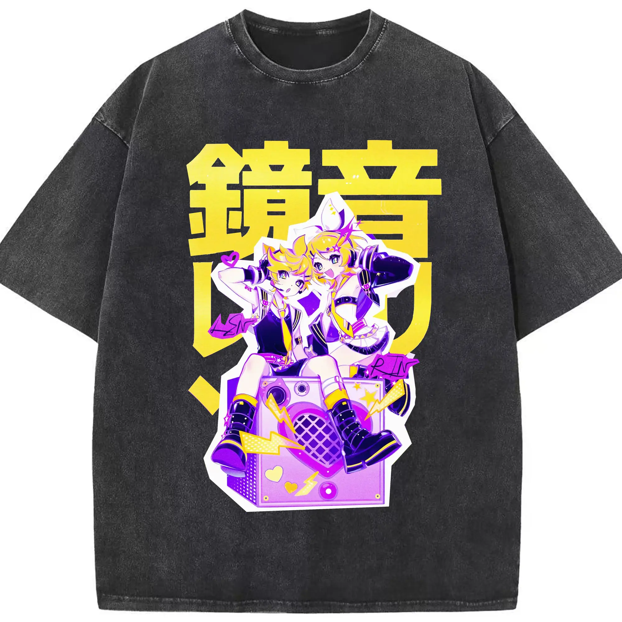 VOCALOID 鏡音リン・レン - 綿100％ ヴィンテージ風 半袖Tシャツ ・ フロントプリント ・ 柔らか肌触り ・ 通気性 快適 ・ スポーツ カジュアル 外出用