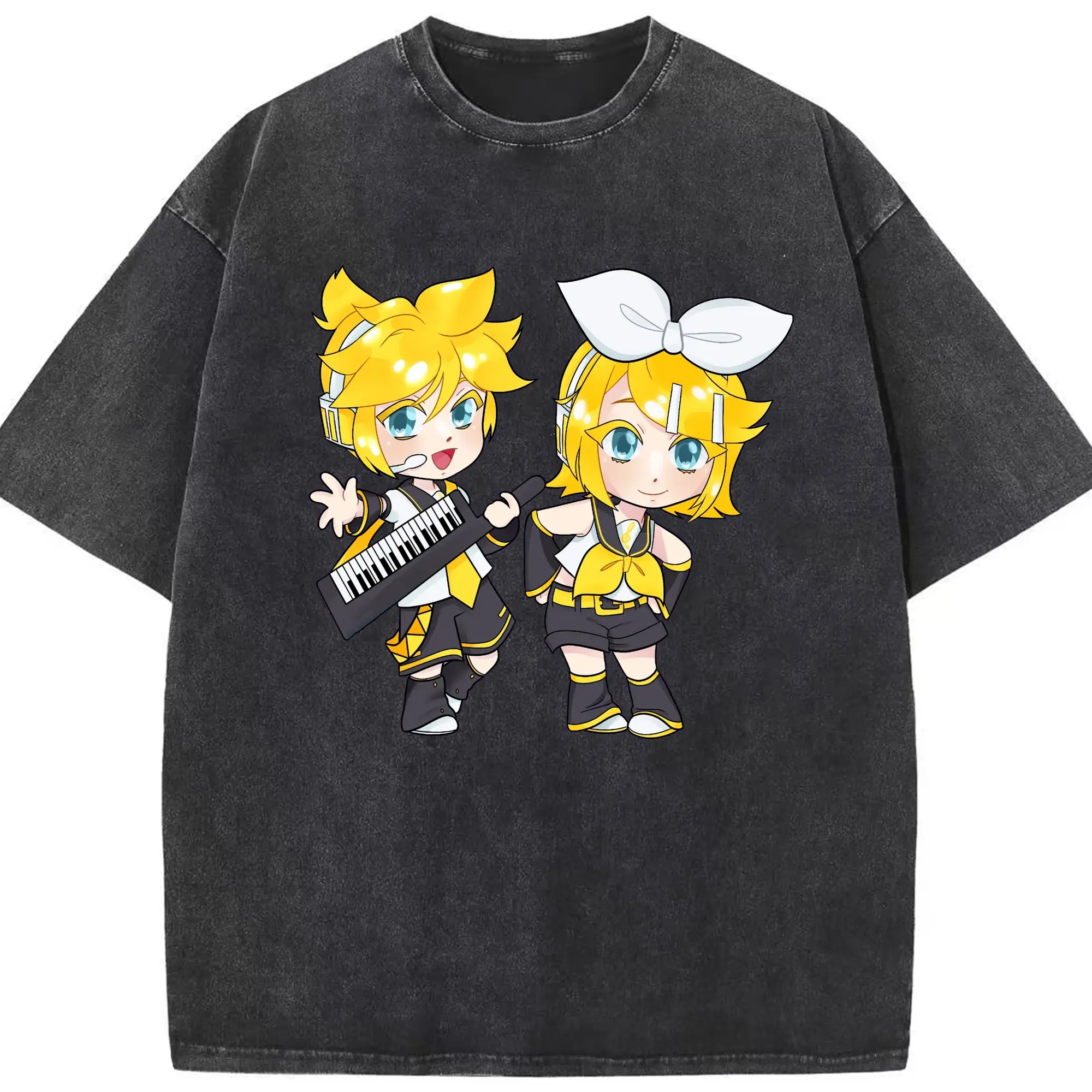鏡音リン・レン - 綿100％ ヴィンテージ風 半袖Tシャツ ・ フロントプリント ・ 柔らか肌触り ・ 通気性 快適 ・ スポーツ カジュアル 外出用
