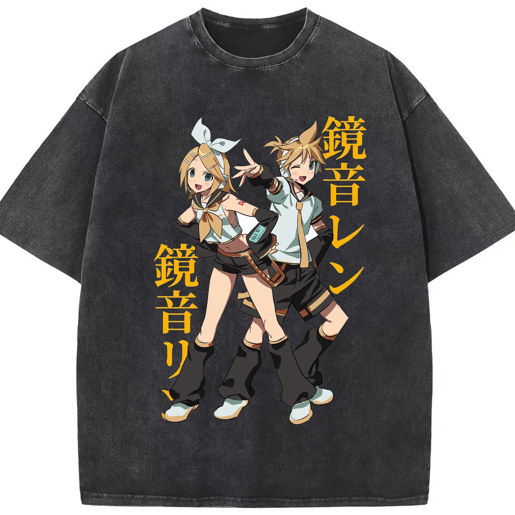 鏡音リン・レン ロマンティック☆ツインスタ - 綿100％ ヴィンテージ風 半袖Tシャツ ・ フロントプリント ・ 柔らか肌触り ・ 通気性 快適 ・ スポーツ カジュアル 外出用