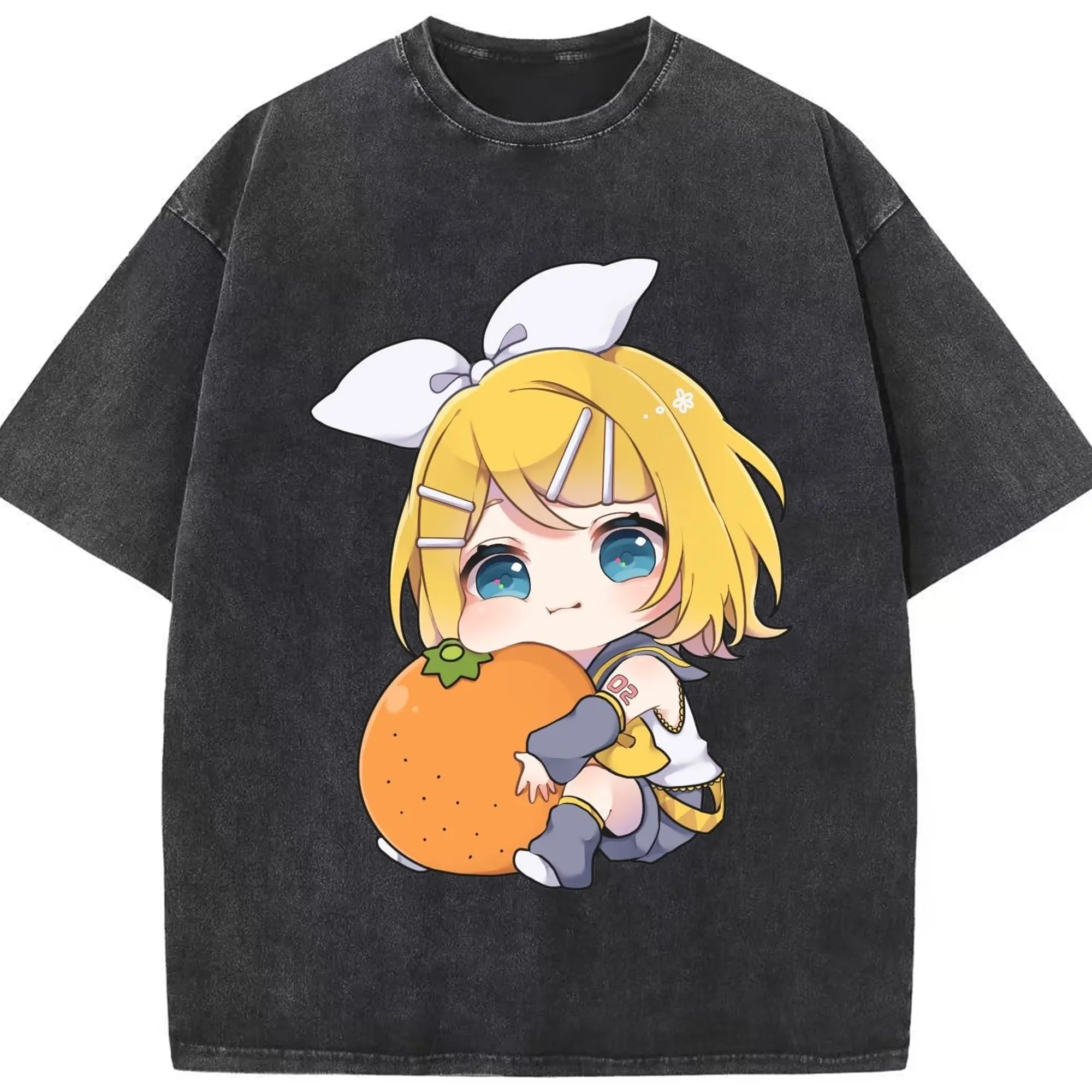 鏡音リン・レン 02かわいいスタイル - 綿100％ ヴィンテージ風 半袖Tシャツ ・ フロントプリント ・ 柔らか肌触り ・ 通気性 快適 ・ スポーツ カジュアル 外出用