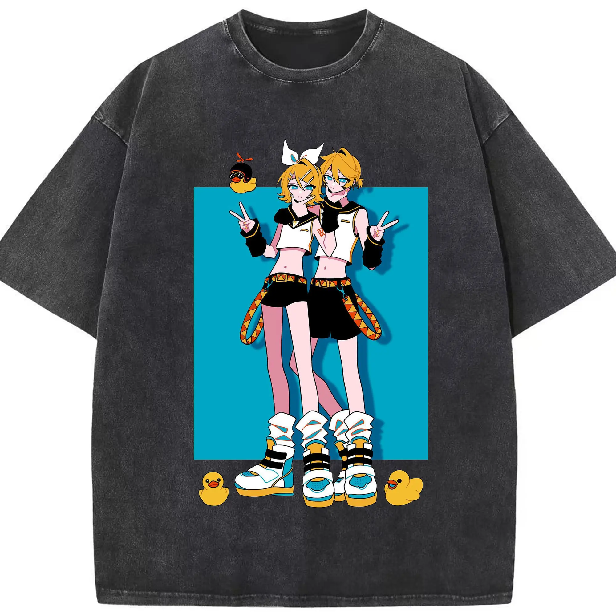 鏡音リン・レン シンプルスタイル - 綿100％ ヴィンテージ風 半袖Tシャツ ・ フロントプリント ・ 柔らか肌触り ・ 通気性 快適 ・ スポーツ カジュアル 外出用