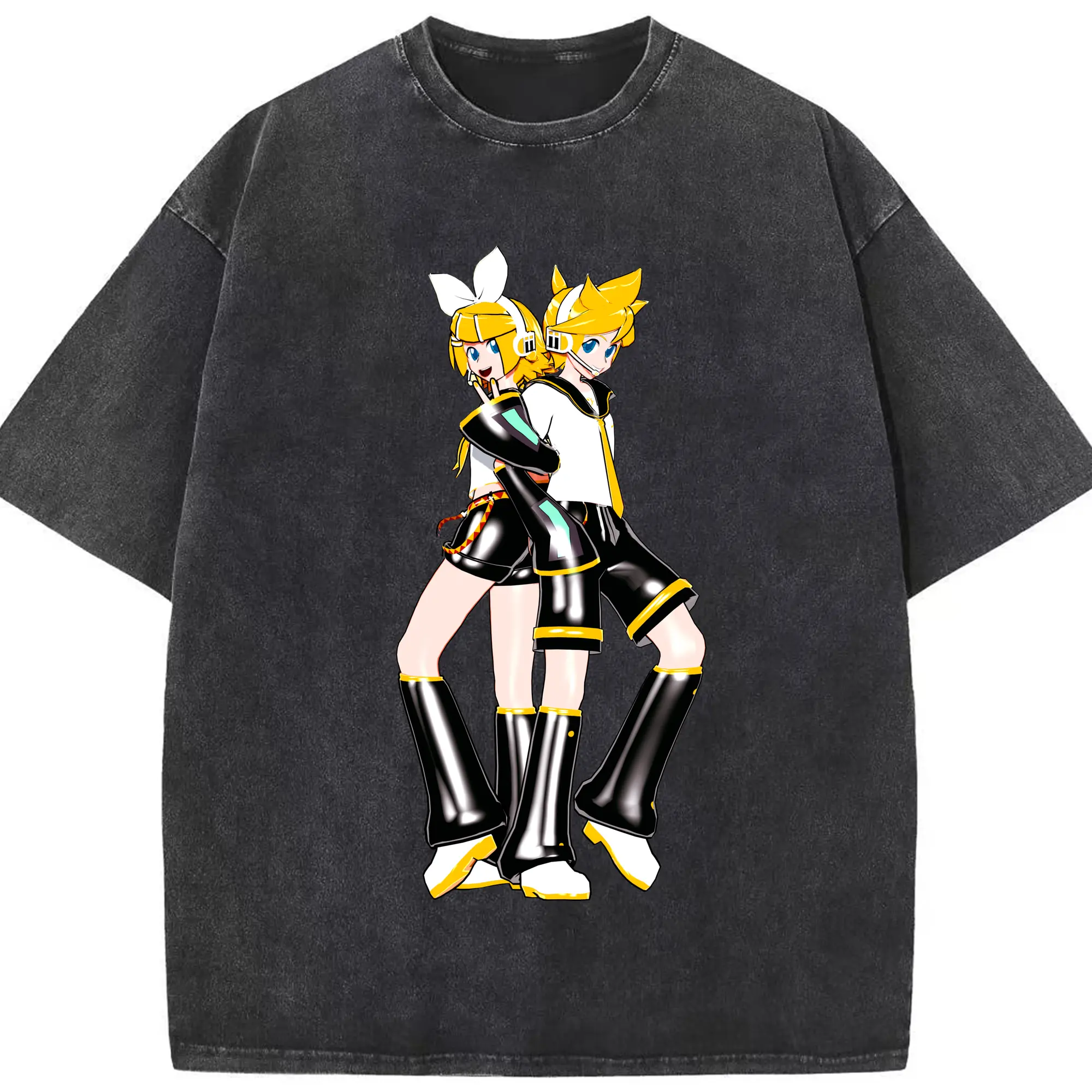 鏡音リン・レン シンプルスタイル - 綿100％ ヴィンテージ風 半袖Tシャツ ・ フロントプリント ・ 柔らか肌触り ・ 通気性 快適 ・ スポーツ カジュアル 外出用