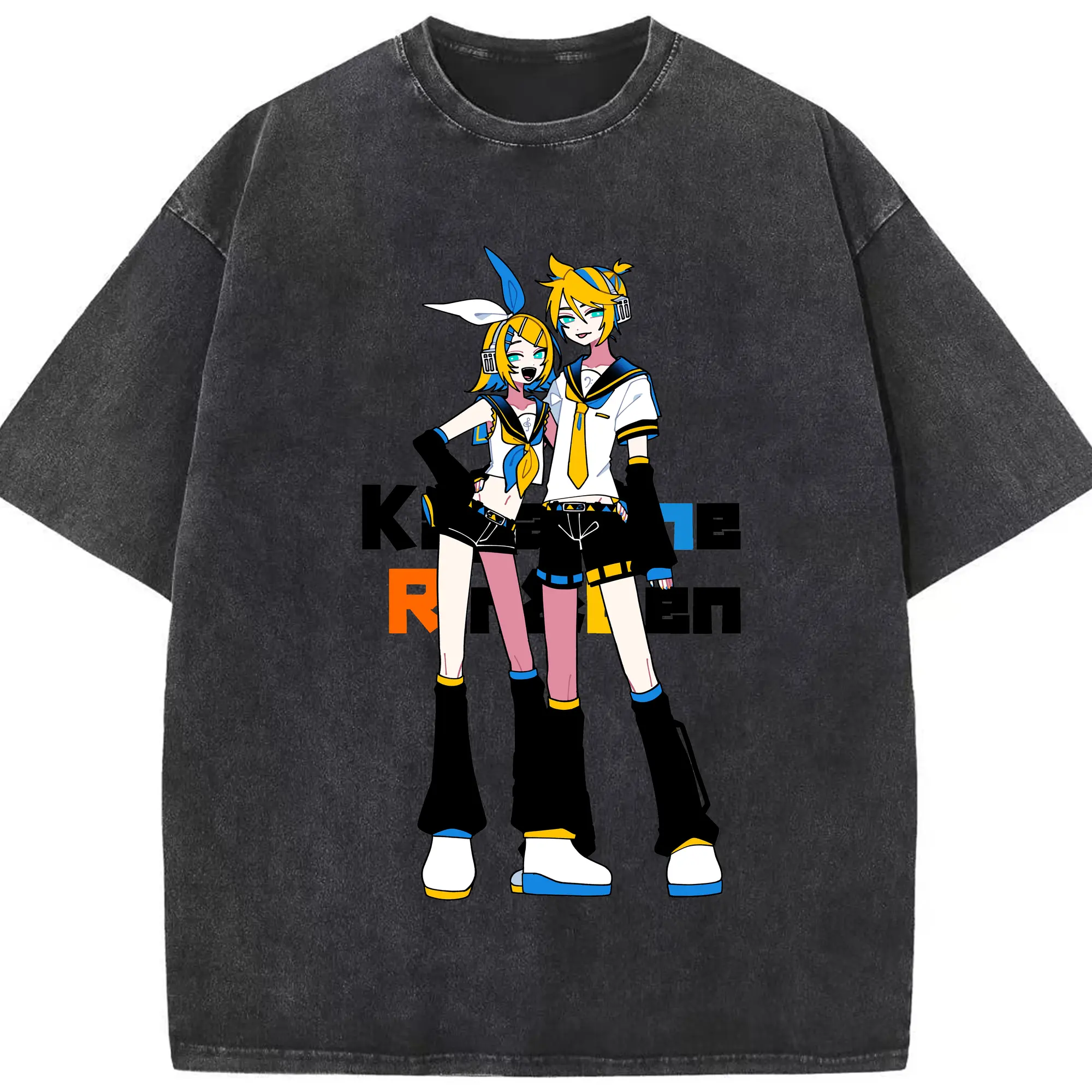 VOCALOID Kagamine Rin/Len - 綿100％ ヴィンテージ風 半袖Tシャツ ・ フロントプリント ・ 柔らか肌触り ・ 通気性 快適 ・ スポーツ カジュアル 外出用