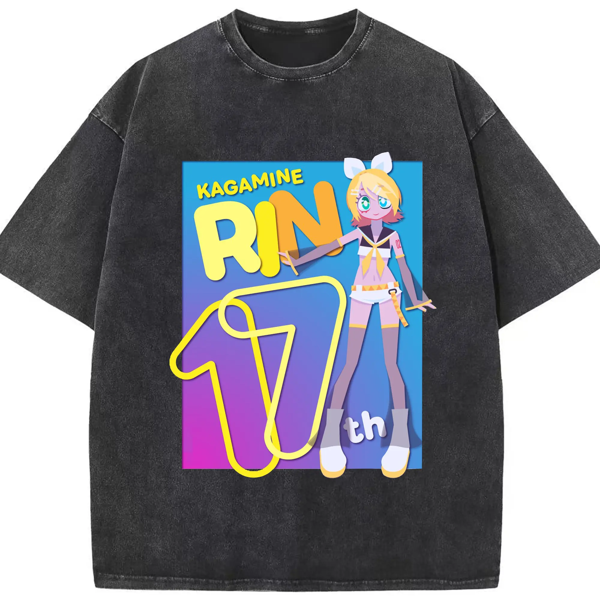 鏡音リンKagamine  Rin17th - 綿100％ ヴィンテージ風 半袖Tシャツ ・ フロントプリント ・ 柔らか肌触り ・ 通気性 快適 ・ スポーツ カジュアル 外出用