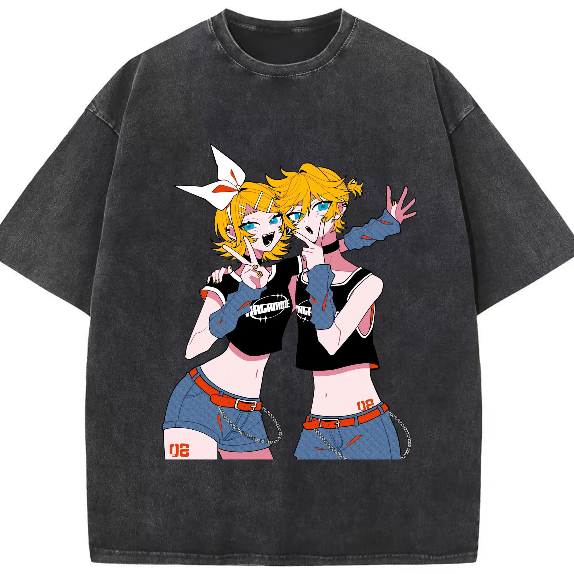 鏡音リン・レン クールスタイル - 綿100％ ヴィンテージ風 半袖Tシャツ ・ フロントプリント ・ 柔らか肌触り ・ 通気性 快適 ・ スポーツ カジュアル 外出用