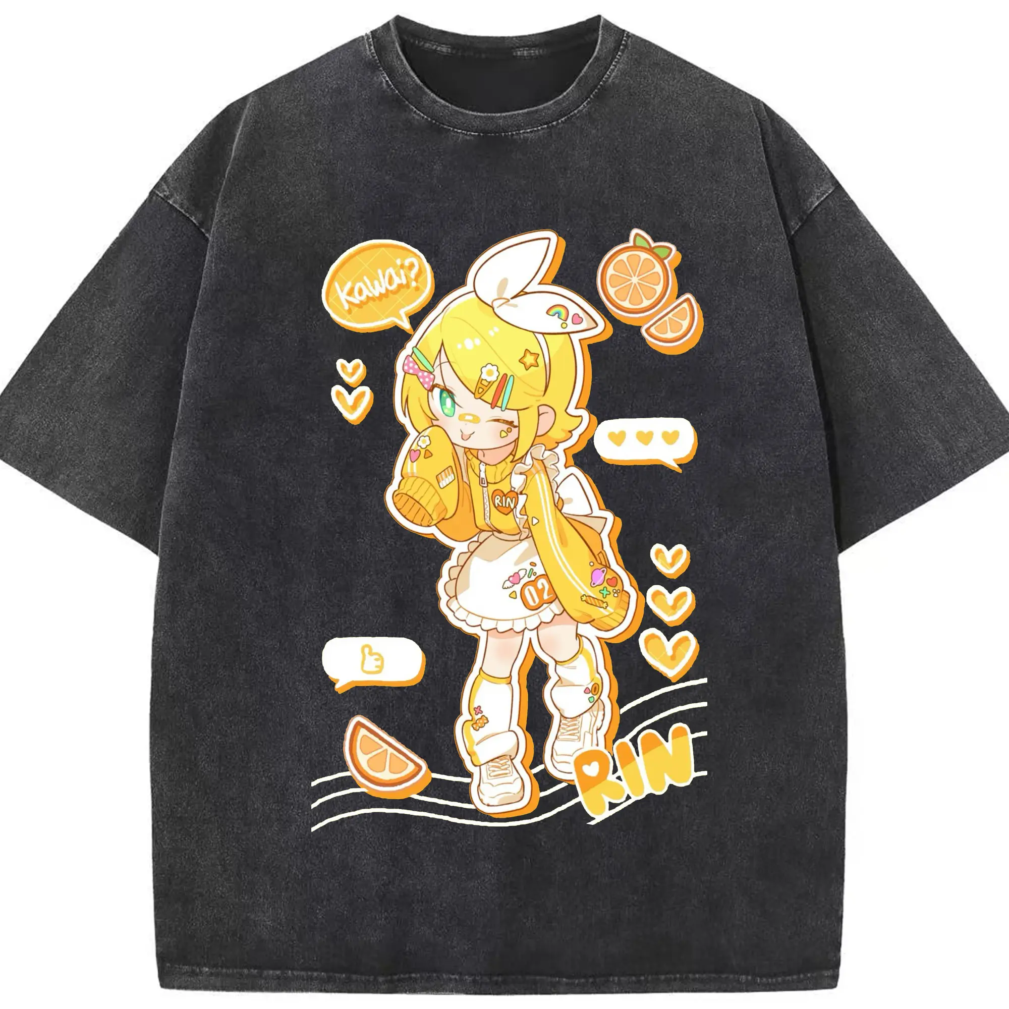 鏡音リンKagamine  Rin - 綿100％ ヴィンテージ風 半袖Tシャツ ・ フロントプリント ・ 柔らか肌触り ・ 通気性 快適 ・ スポーツ カジュアル 外出用