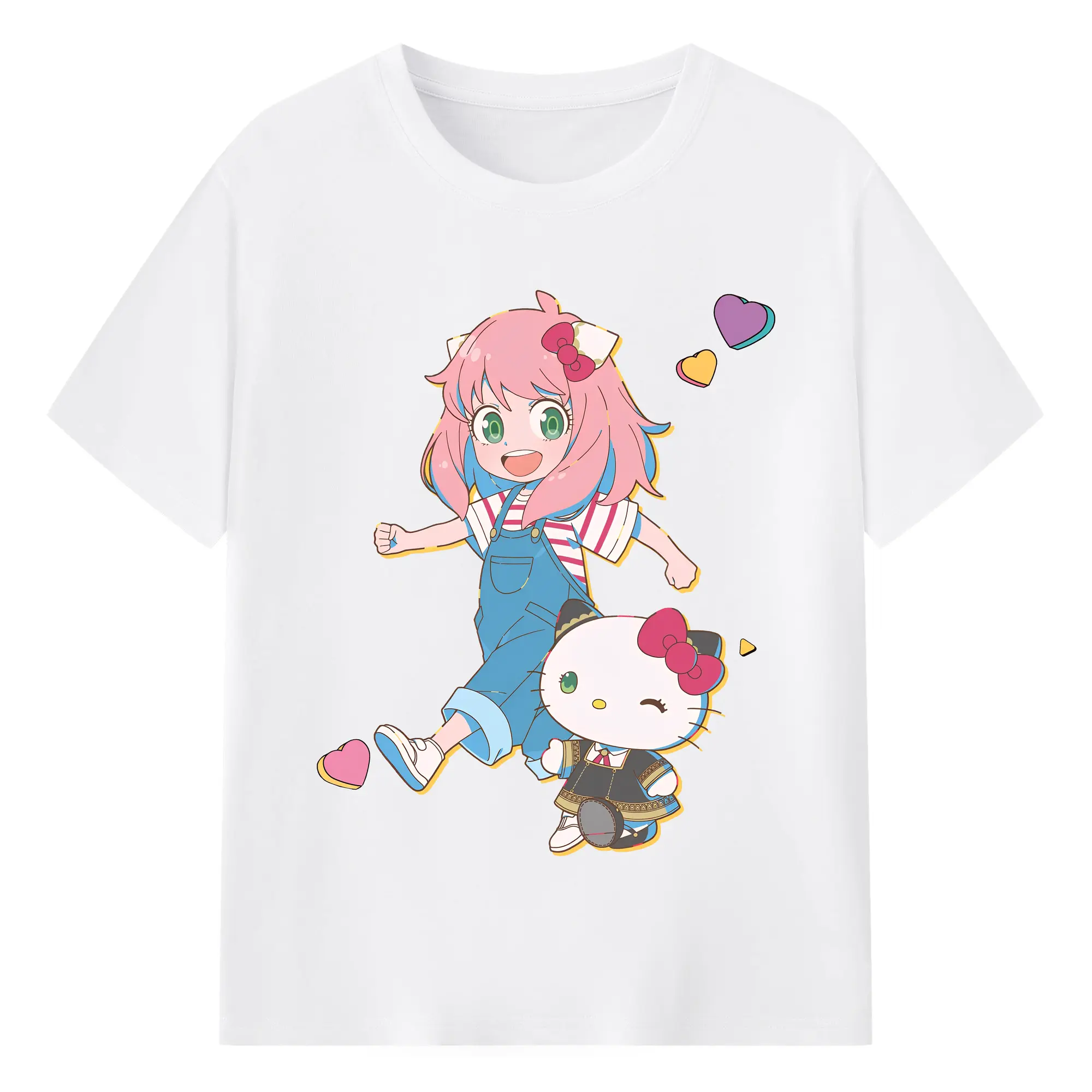 スパイファミリーアーニャ × ハローキティ - 綿100％ 半袖Tシャツ ・ フロントプリント ・ 快適 通気性 ・ 日常使い 散歩 スポーツ用