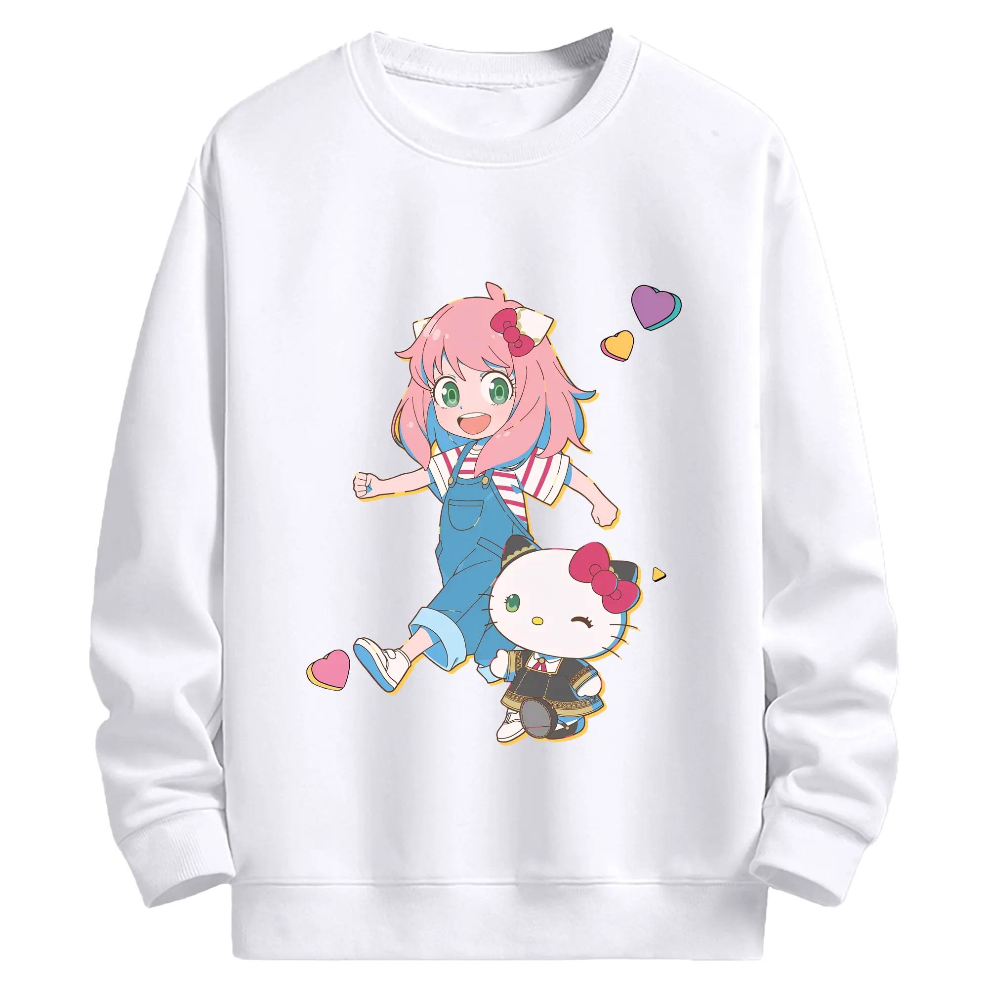 スパイファミリーアーニャ × ハローキティ - 高品質 クルーネック スウェット ・ コットン59％ ポリエステル41％ ・ ユニセックス 長袖 トレーナー ・ カジュアル デイリー スポーツ 散歩用