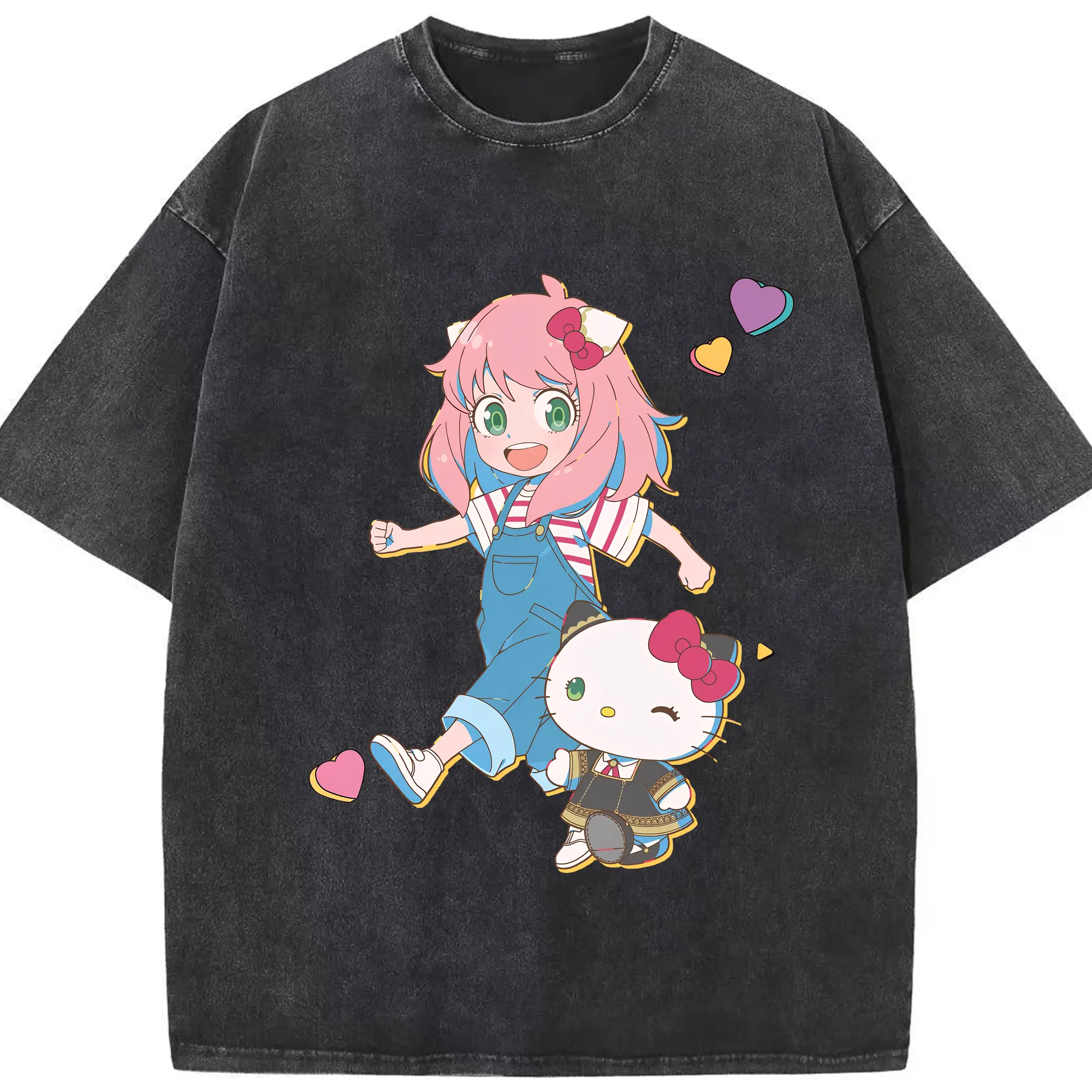 スパイファミリーアーニャ × ハローキティ - 綿100％ ヴィンテージ風 半袖Tシャツ ・ フロントプリント ・ 柔らか肌触り ・ 通気性 快適 ・ スポーツ カジュアル 外出用