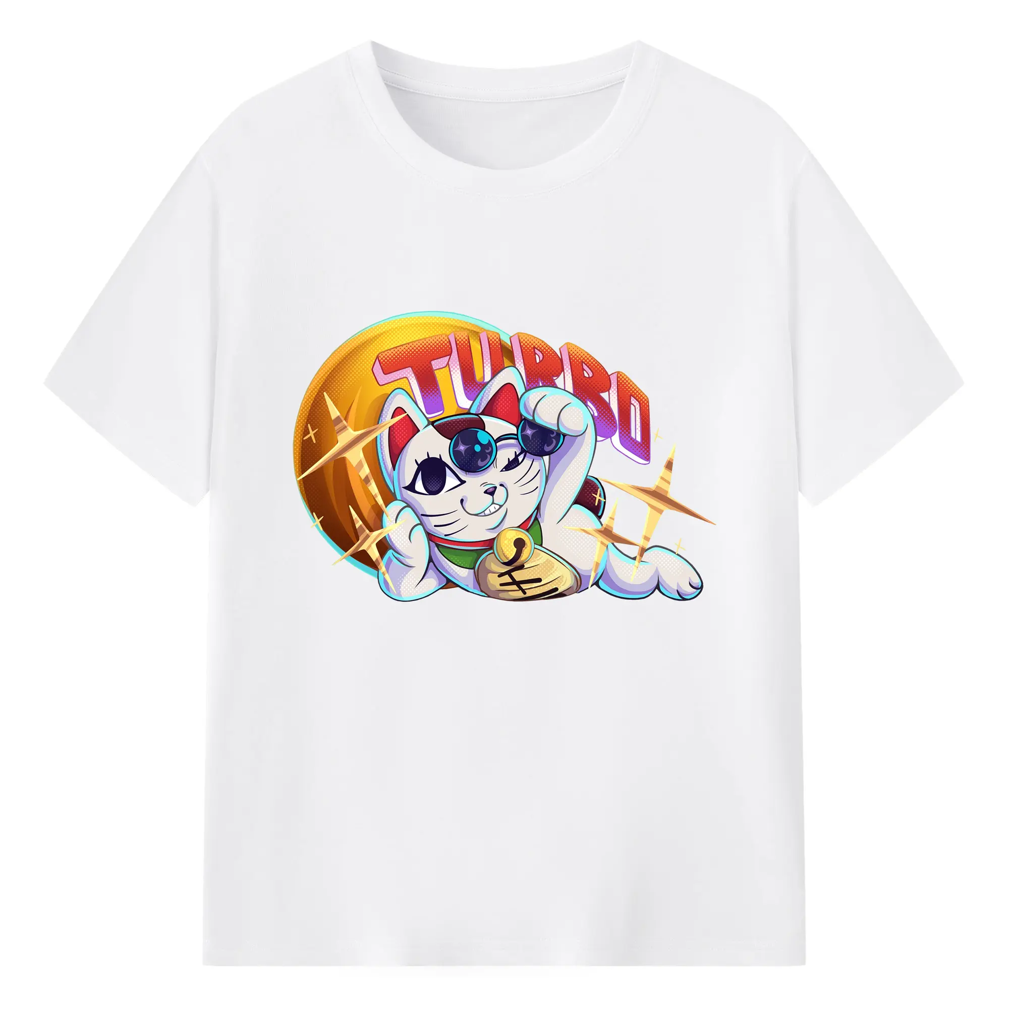 ダンダダンターボババア招き猫Turbo - 綿100％ 半袖Tシャツ ・ フロントプリント ・ 快適 通気性 ・ 日常使い 散歩 スポーツ用