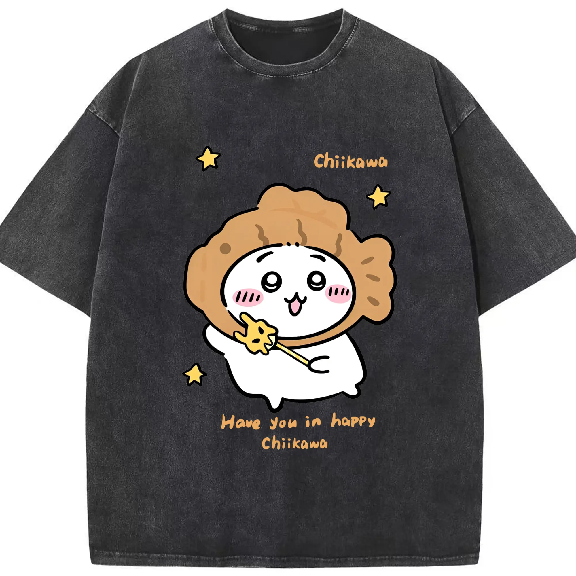 ちいかわとハッピーに！キラキラ☆ - 綿100％ ヴィンテージ風 半袖Tシャツ ・ フロントプリント ・ 柔らか肌触り ・ 通気性 快適 ・ スポーツ カジュアル 外出用