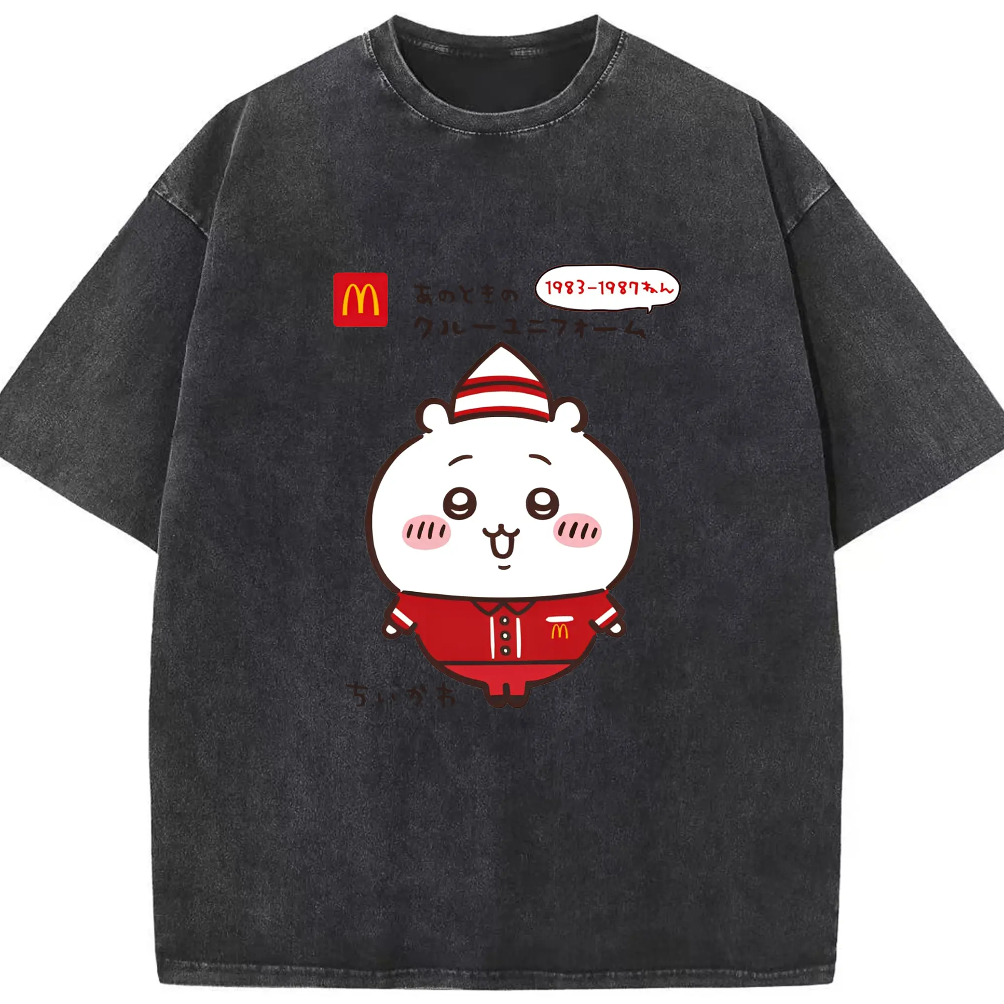 ちいかわ × マクドナルド - 綿100％ ヴィンテージ風 半袖Tシャツ ・ フロントプリント ・ 柔らか肌触り ・ 通気性 快適 ・ スポーツ カジュアル 外出用