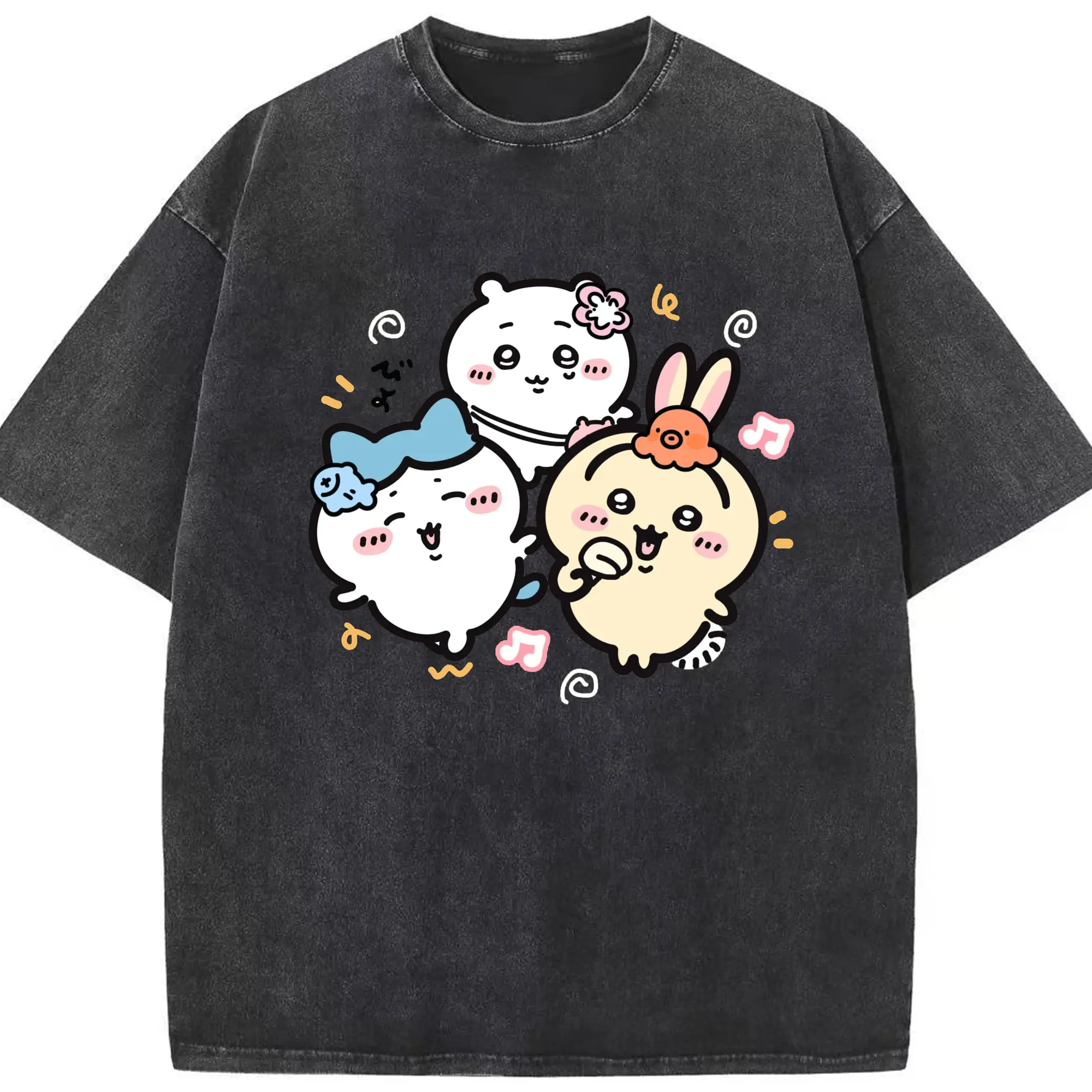 ちいかわ可愛い限定 - 綿100％ ヴィンテージ風 半袖Tシャツ ・ フロントプリント ・ 柔らか肌触り ・ 通気性 快適 ・ スポーツ カジュアル 外出用