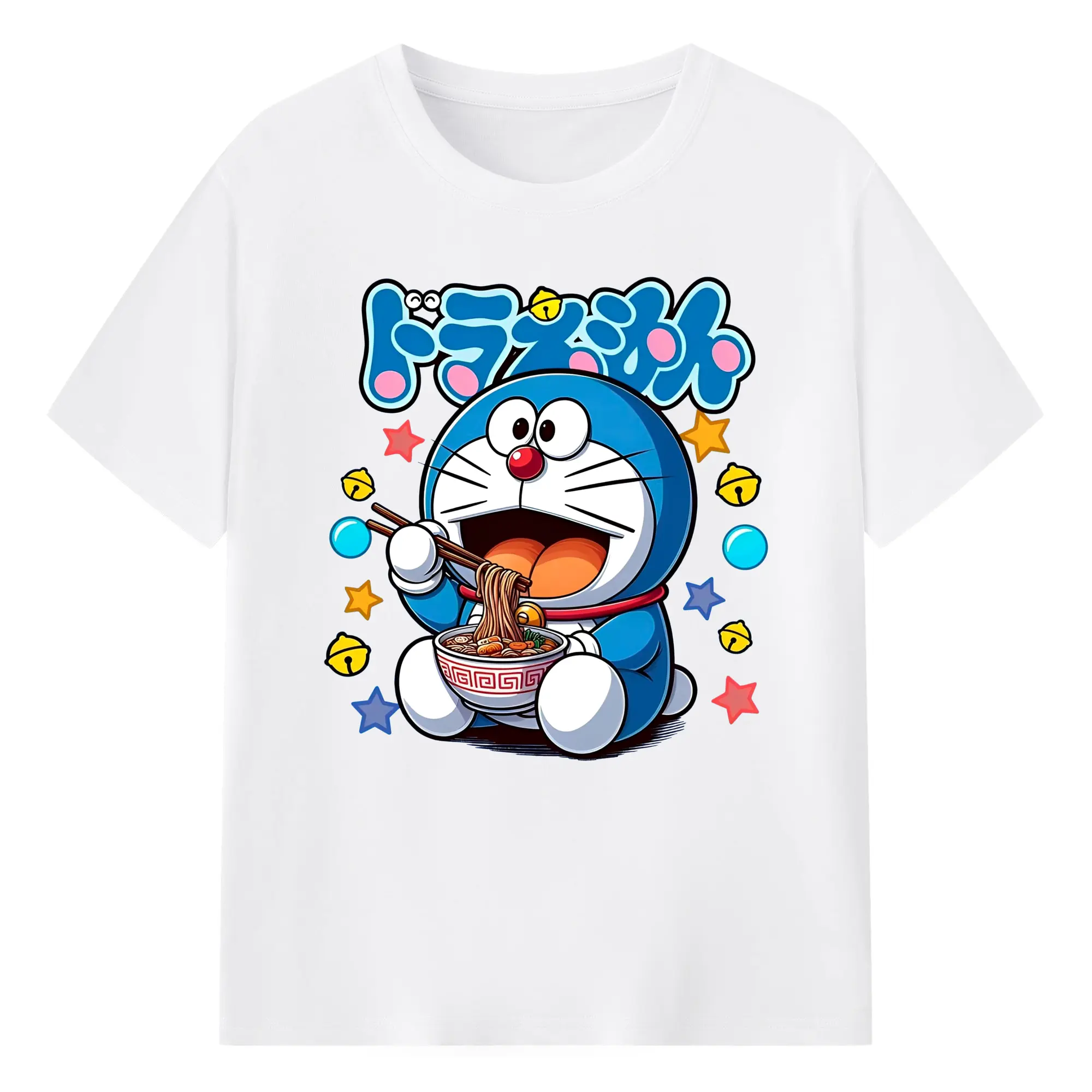 ドラえもん ラーメン柄 - 綿100％ 半袖Tシャツ ・ フロントプリント ・ 快適 通気性 ・ 日常使い 散歩 スポーツ用