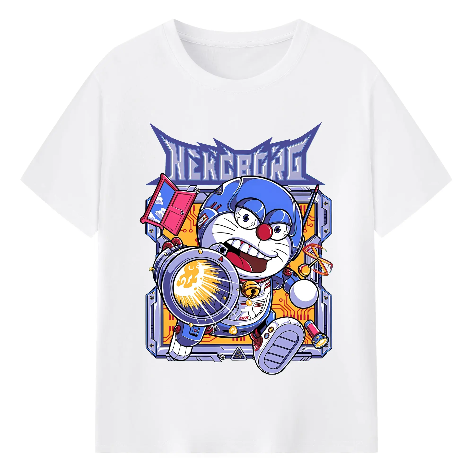 ドラえもんNEKOBORG - 綿100％ 半袖Tシャツ ・ フロントプリント ・ 快適 通気性 ・ 日常使い 散歩 スポーツ用