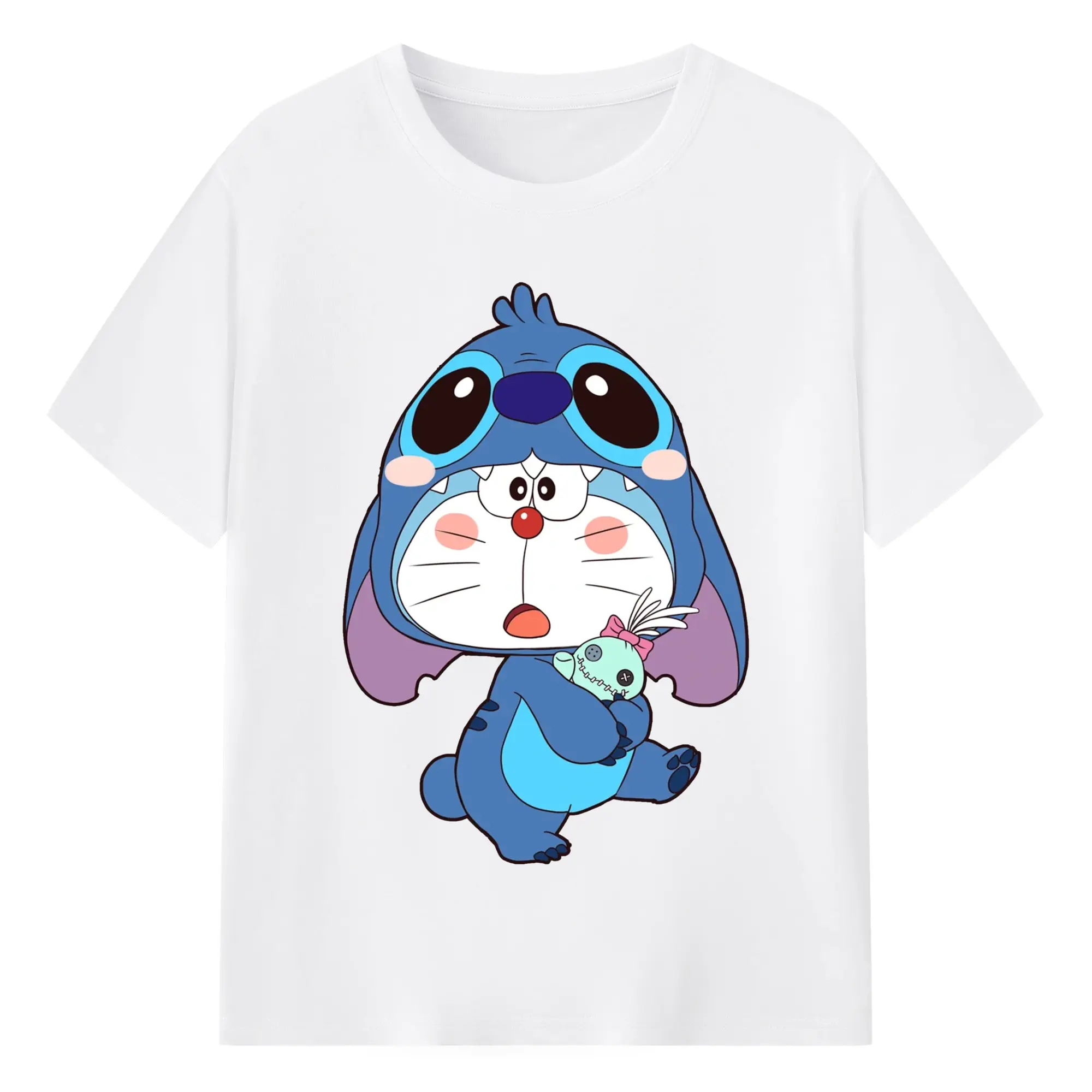 ドラえもん ×スティッチコラボ - 綿100％ 半袖Tシャツ ・ フロントプリント ・ 快適 通気性 ・ 日常使い 散歩 スポーツ用