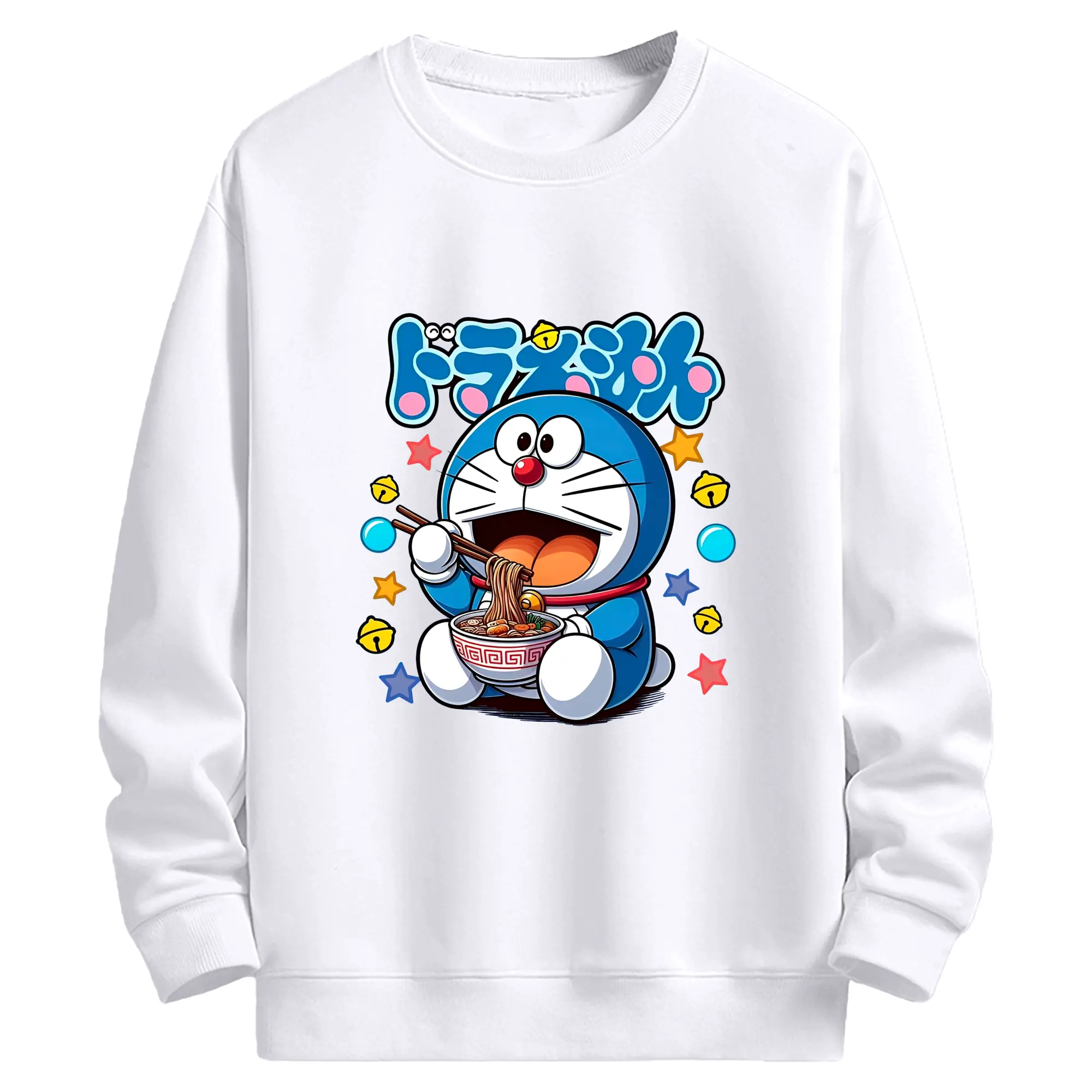 ドラえもん ラーメン柄 - 高品質 クルーネック スウェット ・ コットン59％ ポリエステル41％ ・ ユニセックス 長袖 トレーナー ・ カジュアル デイリー スポーツ 散歩用
