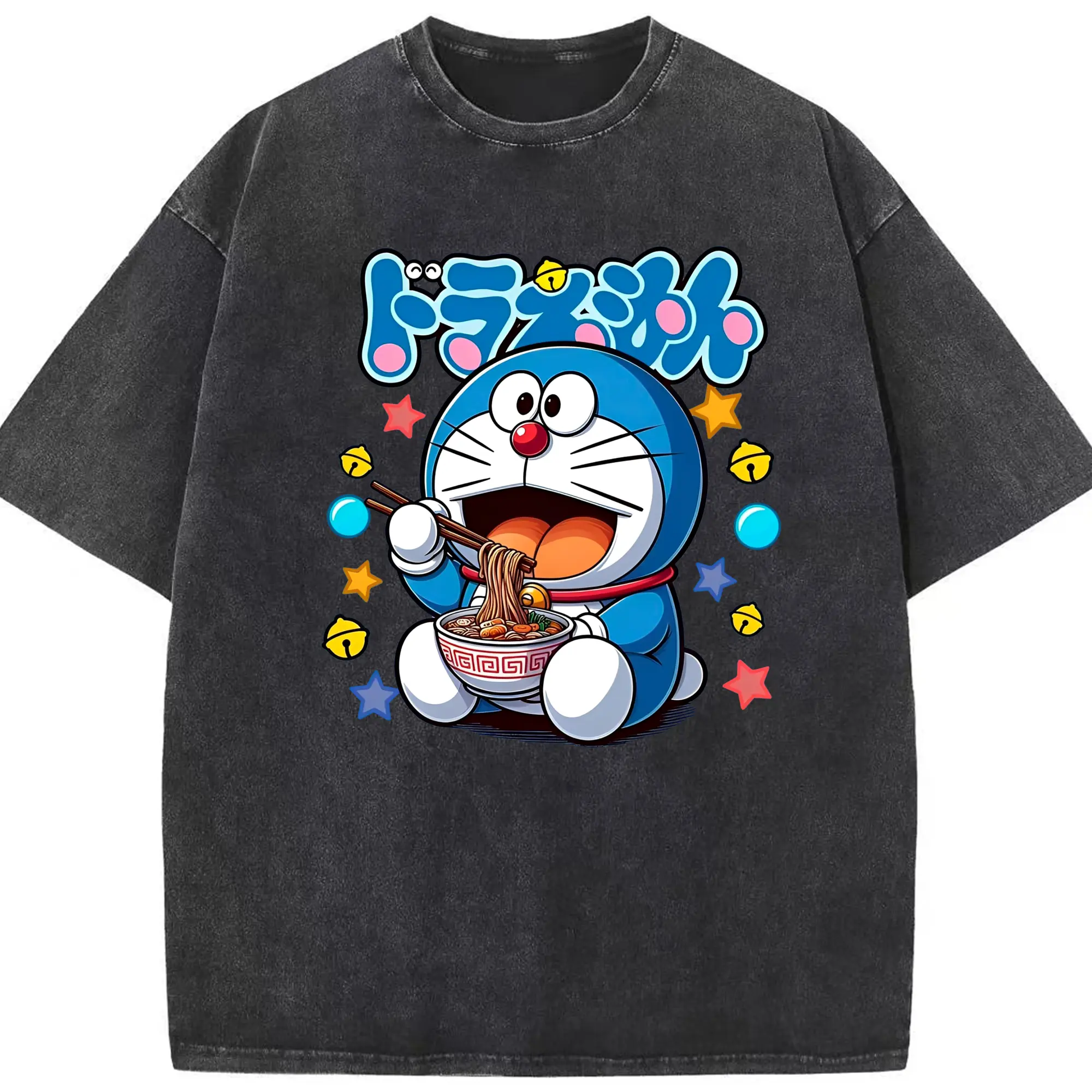 ドラえもん ラーメン柄 - 綿100％ ヴィンテージ風 半袖Tシャツ ・ フロントプリント ・ 柔らか肌触り ・ 通気性 快適 ・ スポーツ カジュアル 外出用