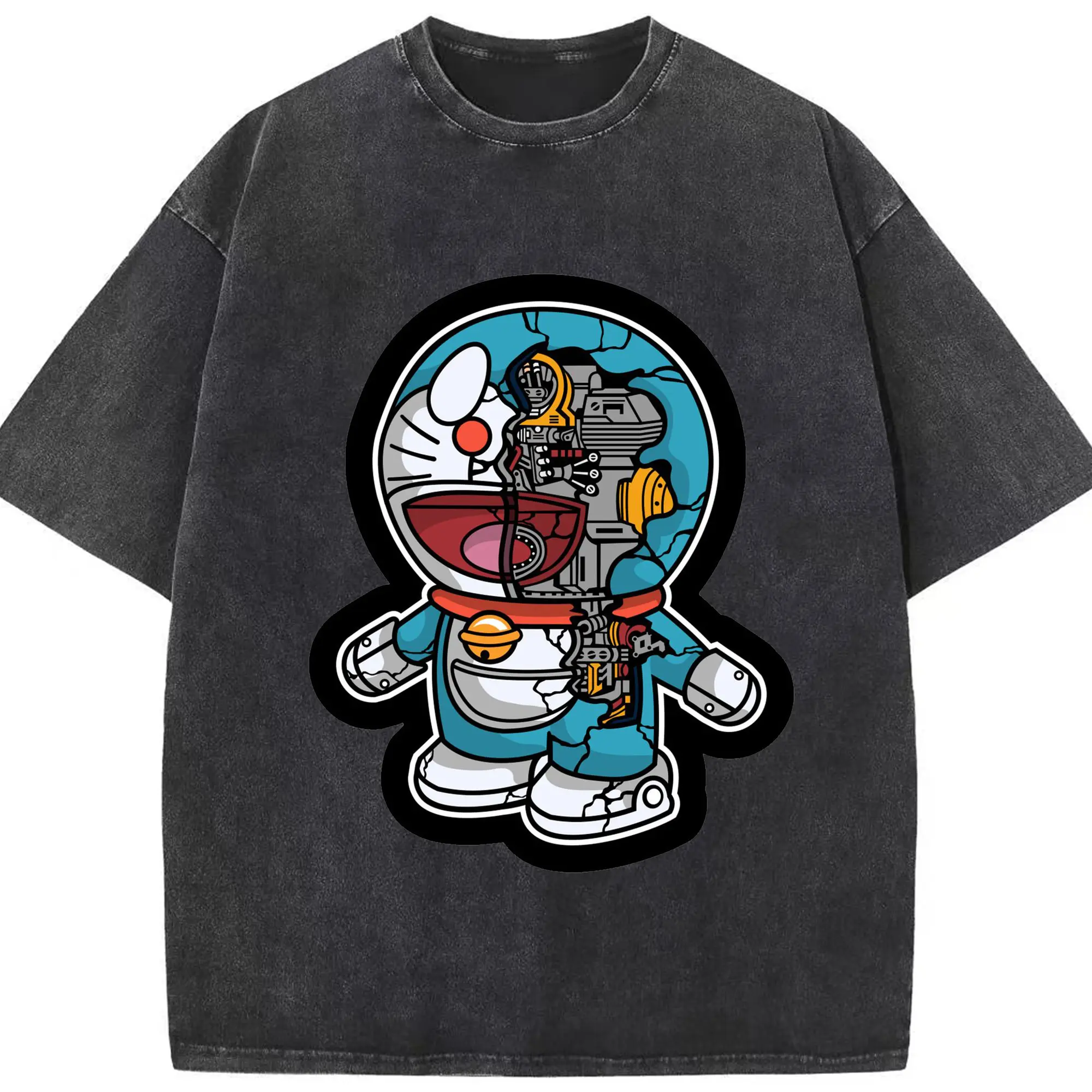 メカドラえもん グッズ - 綿100％ ヴィンテージ風 半袖Tシャツ ・ フロントプリント ・ 柔らか肌触り ・ 通気性 快適 ・ スポーツ カジュアル 外出用