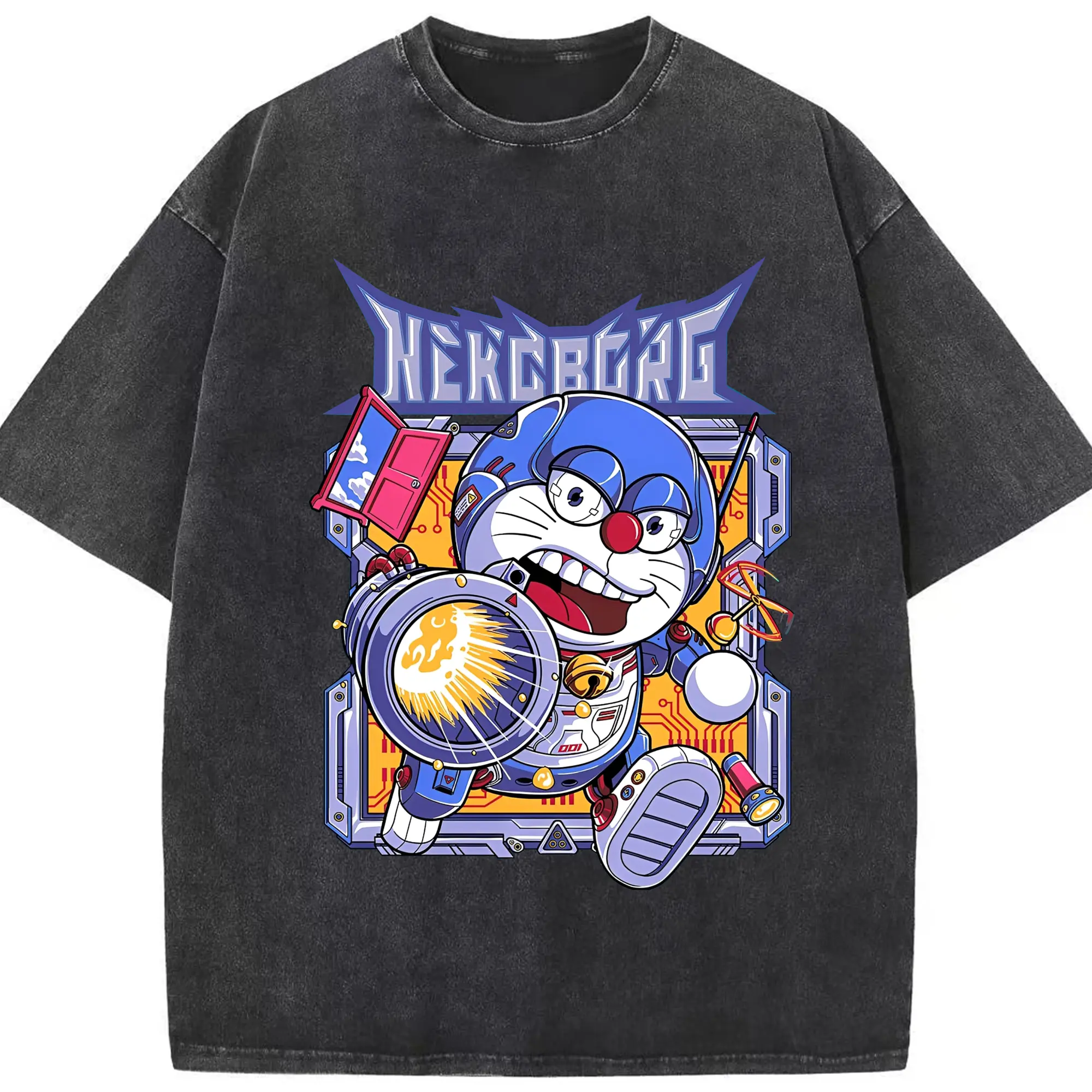 ドラえもんNEKOBORG - 綿100％ ヴィンテージ風 半袖Tシャツ ・ フロントプリント ・ 柔らか肌触り ・ 通気性 快適 ・ スポーツ カジュアル 外出用