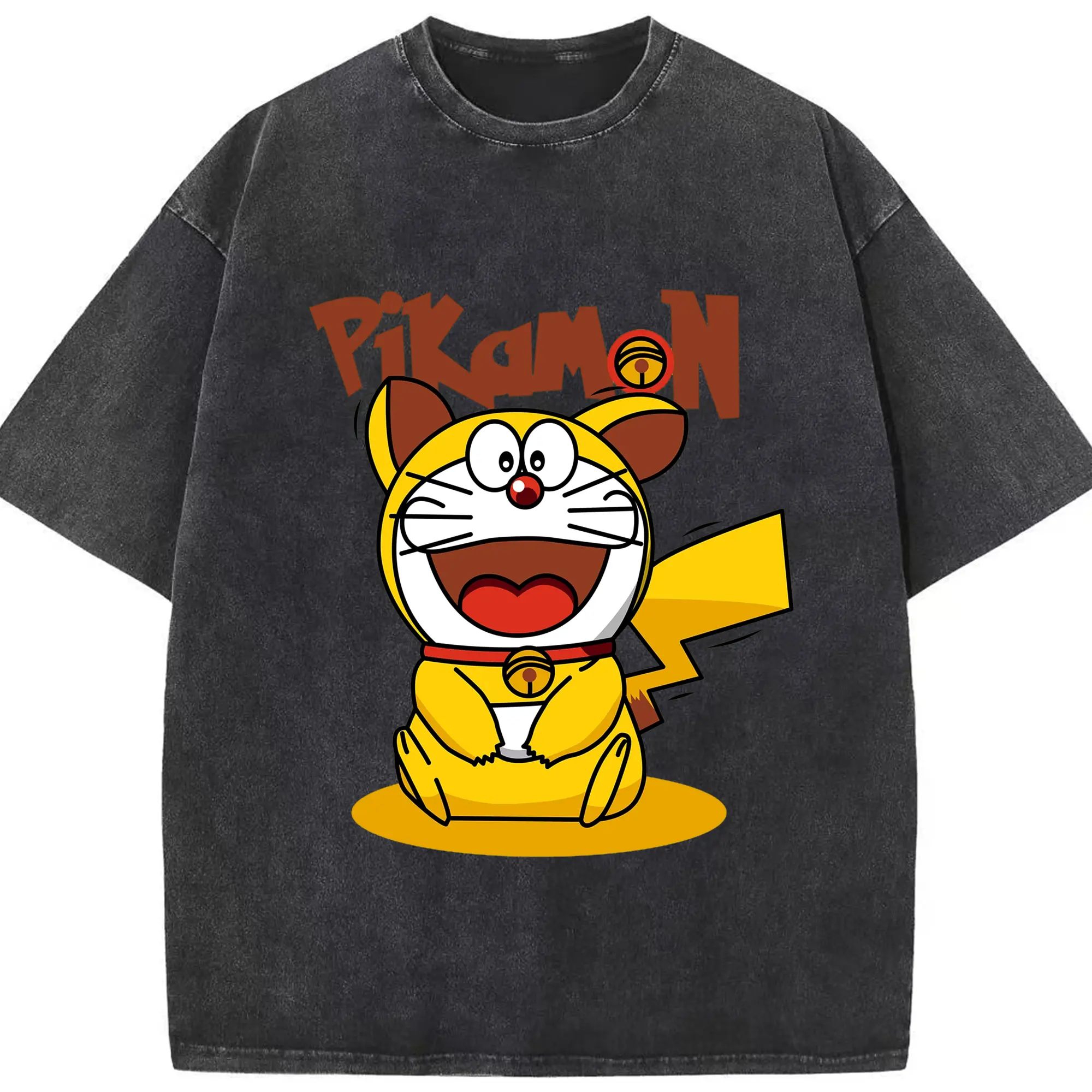 ドラえもん ×ピカチュウコラボ - 綿100％ ヴィンテージ風 半袖Tシャツ ・ フロントプリント ・ 柔らか肌触り ・ 通気性 快適 ・ スポーツ カジュアル 外出用
