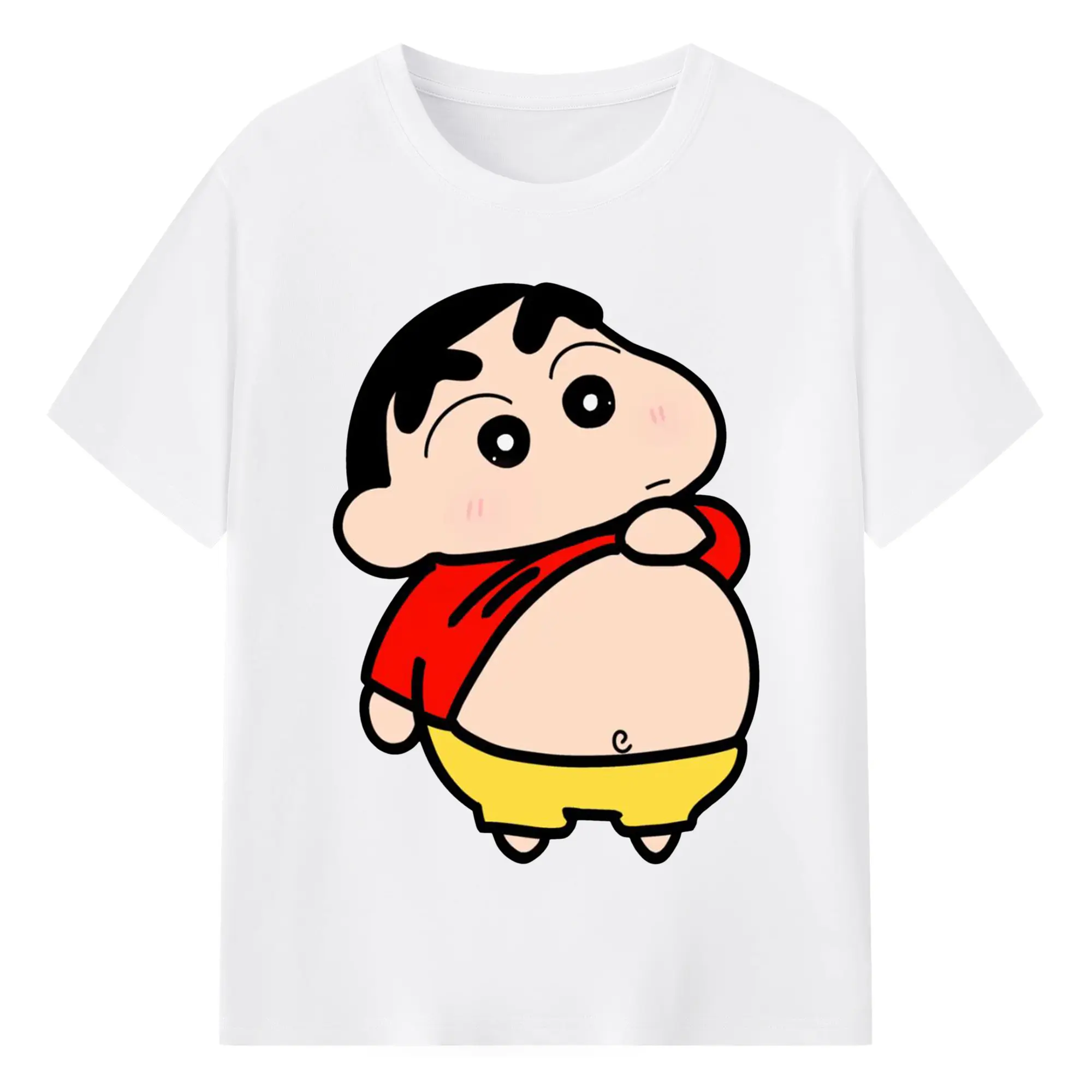 レヨンしんちゃん おなかチェック おもしろ - 綿100％ 半袖Tシャツ ・ フロントプリント ・ 快適 通気性 ・ 日常使い 散歩 スポーツ用