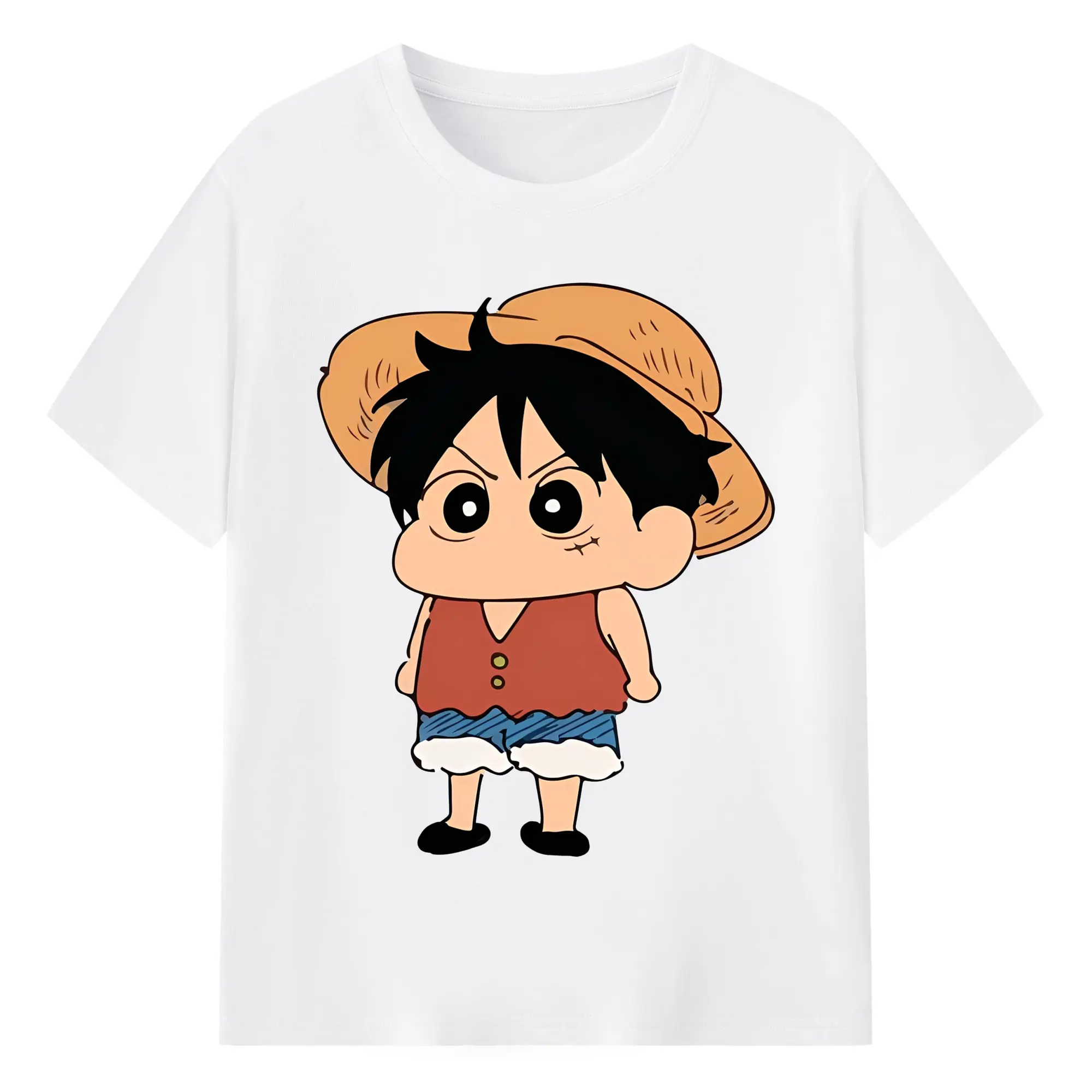 クレヨンしんちゃん × ルフィ 限定コラボ - 綿100％ 半袖Tシャツ ・ フロントプリント ・ 快適 通気性 ・ 日常使い 散歩 スポーツ用