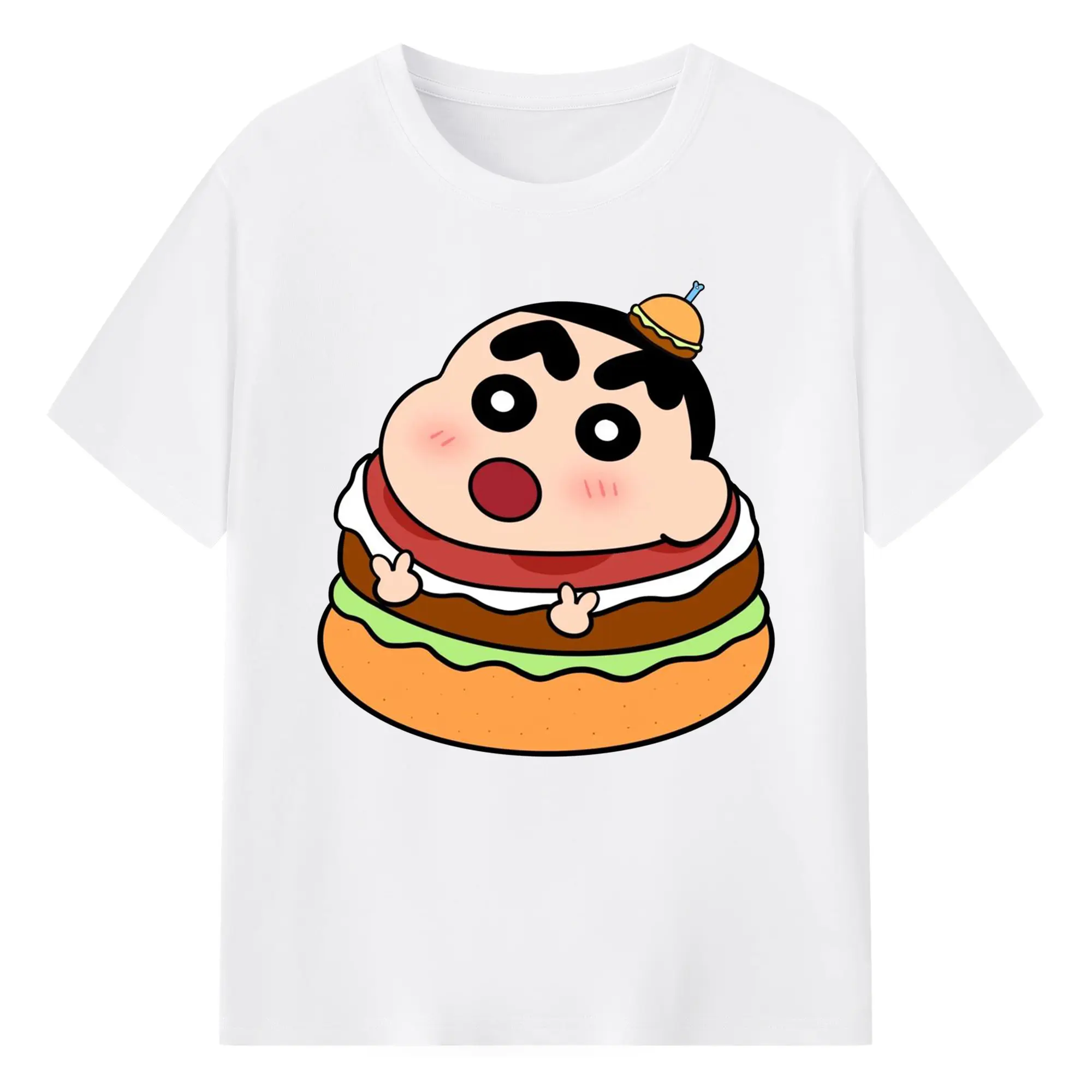 クレヨンしんちゃん ハンバーガー ポーズ おもしろ - 綿100％ 半袖Tシャツ ・ フロントプリント ・ 快適 通気性 ・ 日常使い 散歩 スポーツ用