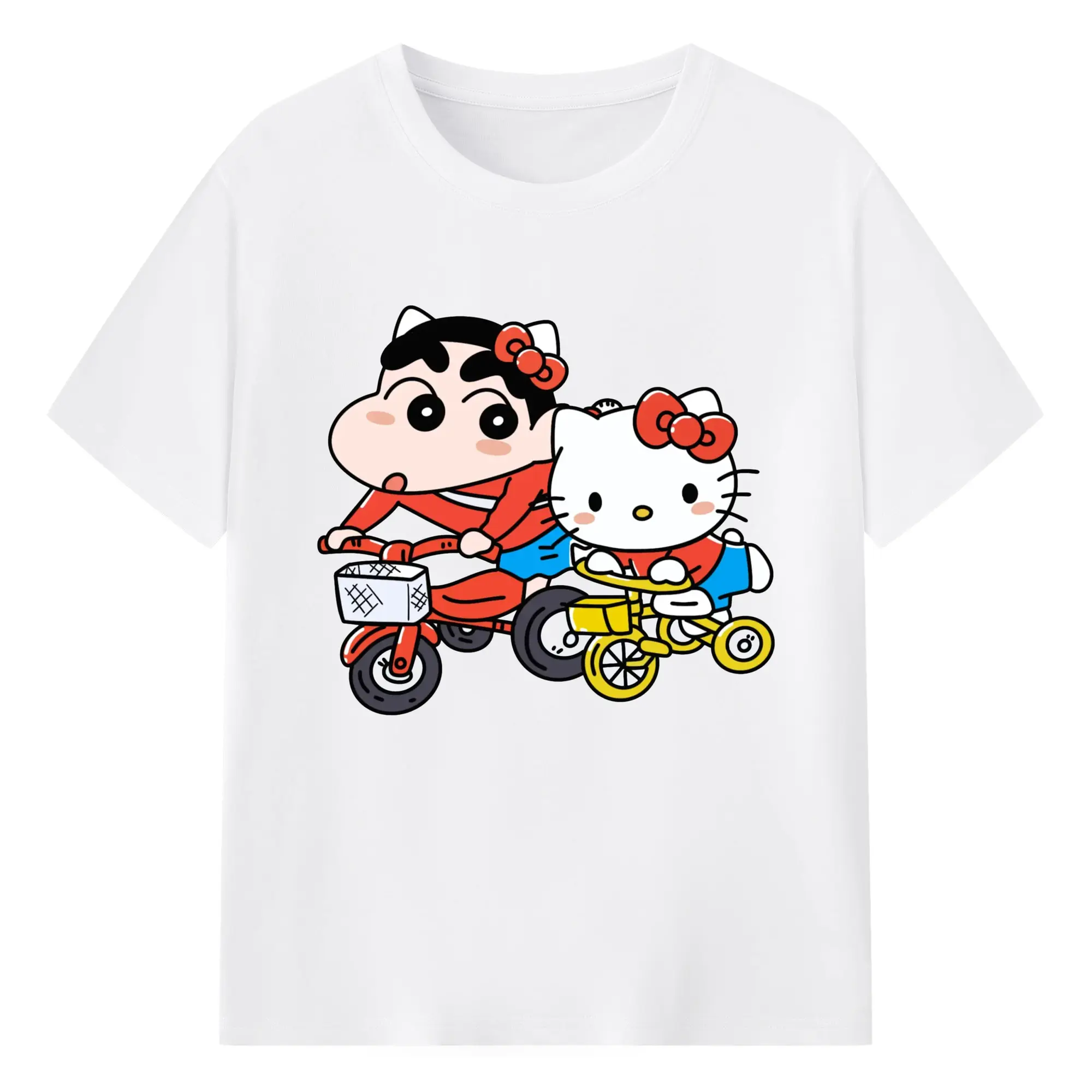 クレヨンしんちゃん × ハローキティ 限定コラボ - 綿100％ 半袖Tシャツ ・ フロントプリント ・ 快適 通気性 ・ 日常使い 散歩 スポーツ用