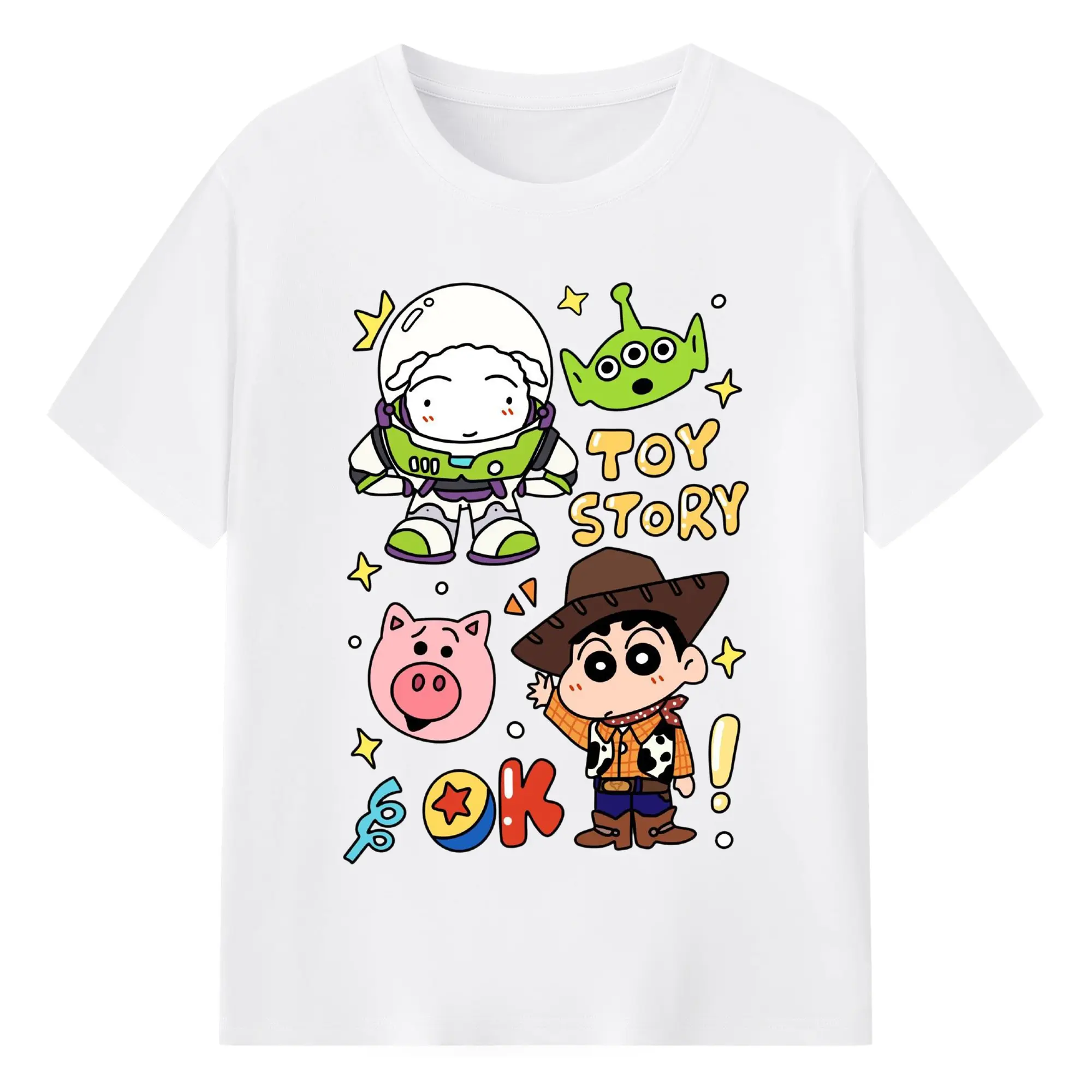 クレヨンしんちゃん × トイ・ストーリー 限定コラボ - 綿100％ 半袖Tシャツ ・ フロントプリント ・ 快適 通気性 ・ 日常使い 散歩 スポーツ用