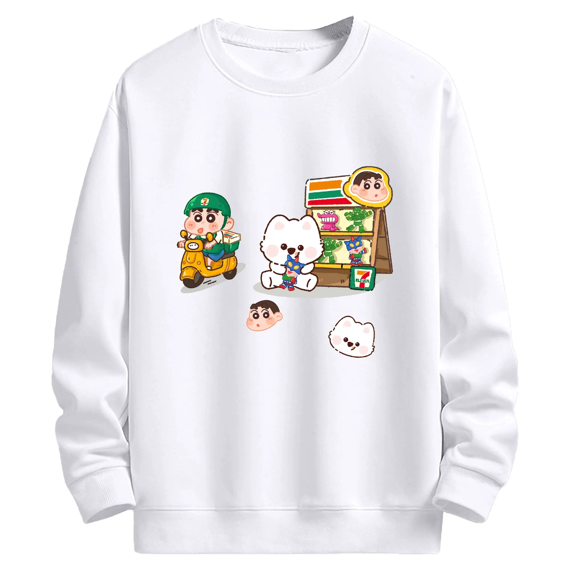 クレヨンしんちゃん × 7-Eleven 限定コラボ - 高品質 クルーネック スウェット ・ コットン59％ ポリエステル41％ ・ ユニセックス 長袖 トレーナー ・ カジュアル デイリー スポーツ 散歩用