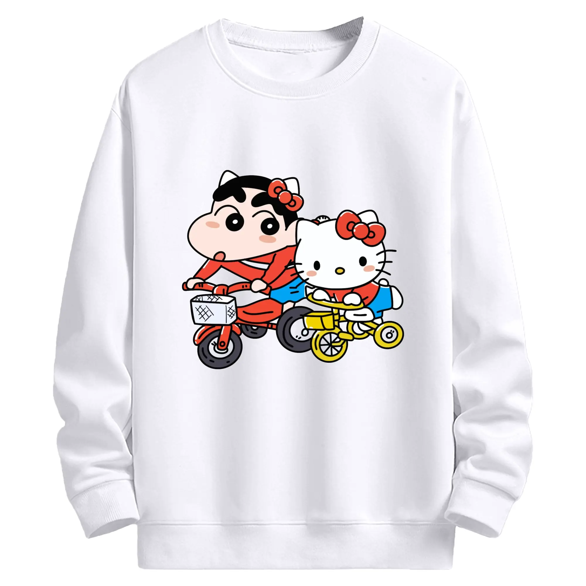 クレヨンしんちゃん × ハローキティ 限定コラボ - 高品質 クルーネック スウェット ・ コットン59％ ポリエステル41％ ・ ユニセックス 長袖 トレーナー ・ カジュアル デイリー スポーツ 散歩用