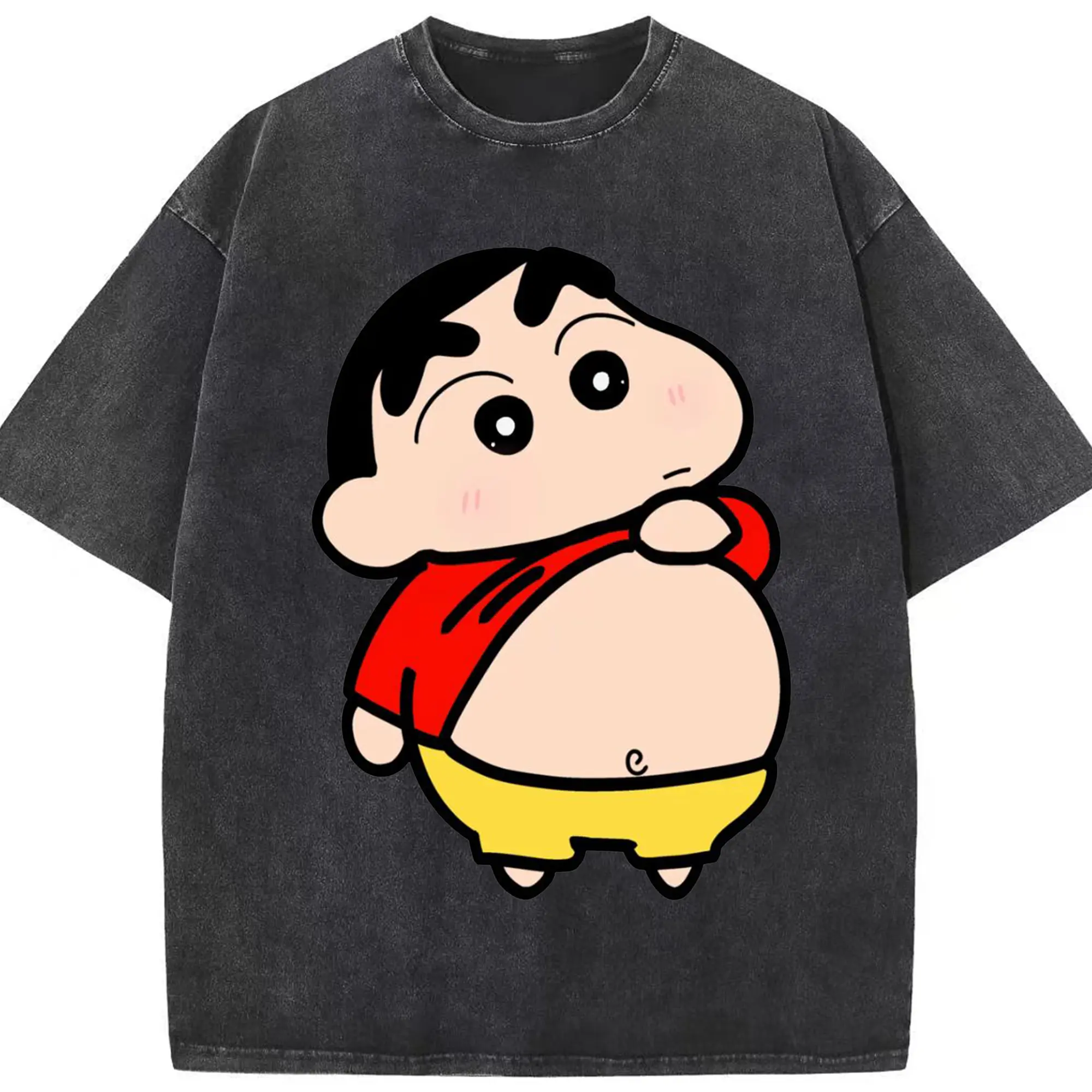 レヨンしんちゃん おなかチェック おもしろ - 綿100％ ヴィンテージ風 半袖Tシャツ ・ フロントプリント ・ 柔らか肌触り ・ 通気性 快適 ・ スポーツ カジュアル 外出用