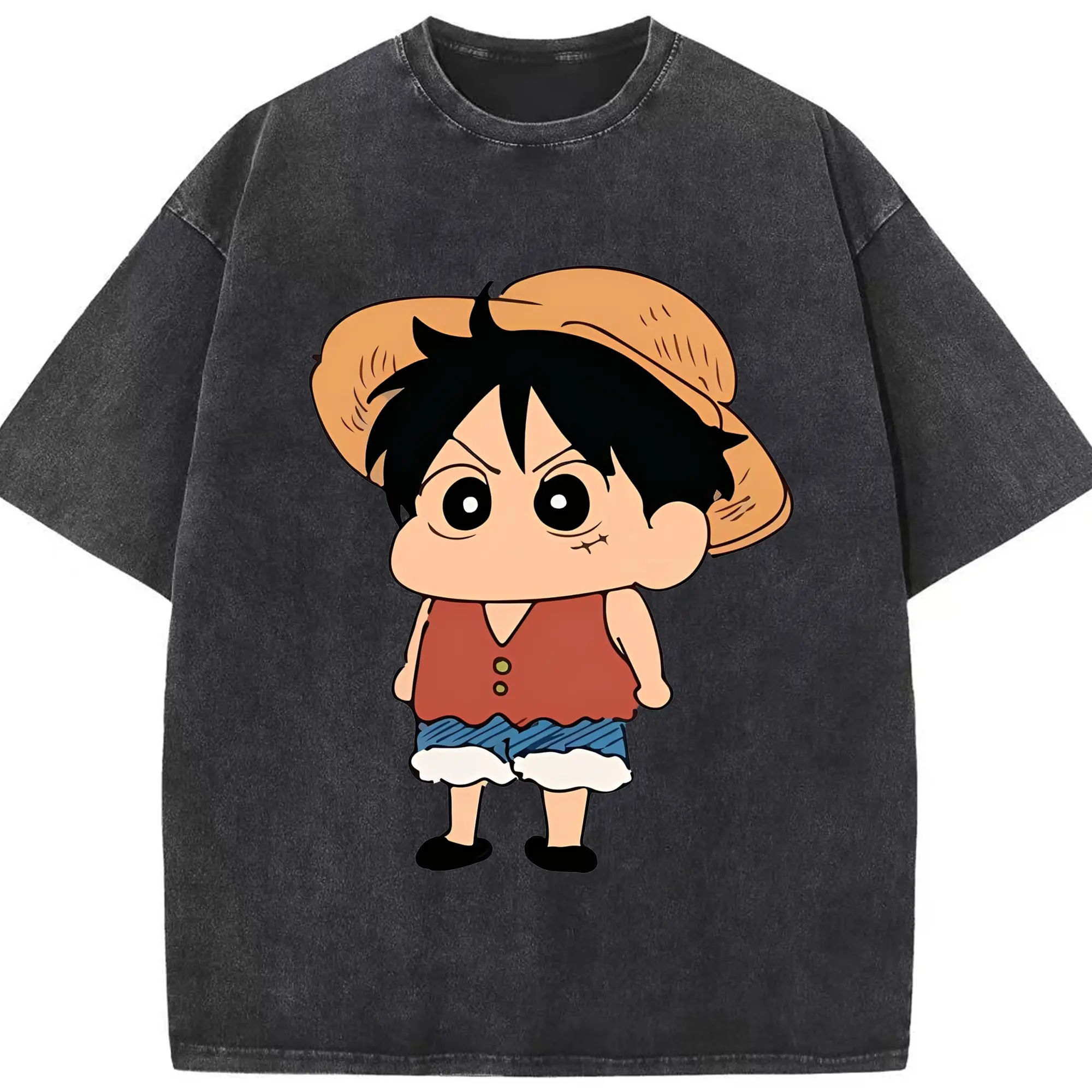 クレヨンしんちゃん × ルフィ 限定コラボ - 綿100％ ヴィンテージ風 半袖Tシャツ ・ フロントプリント ・ 柔らか肌触り ・ 通気性 快適 ・ スポーツ カジュアル 外出用