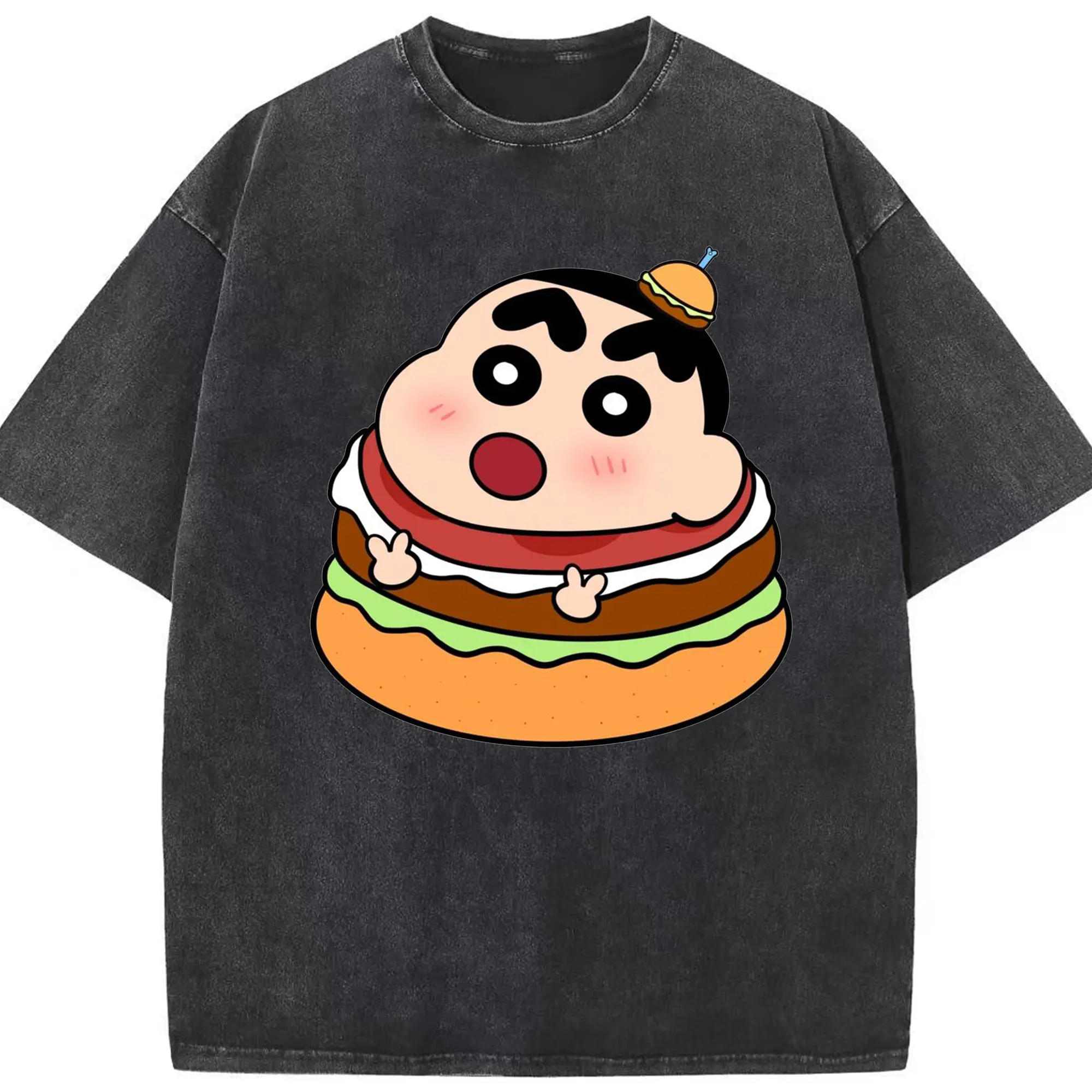クレヨンしんちゃん ハンバーガー ポーズ おもしろ - 綿100％ ヴィンテージ風 半袖Tシャツ ・ フロントプリント ・ 柔らか肌触り ・ 通気性 快適 ・ スポーツ カジュアル 外出用