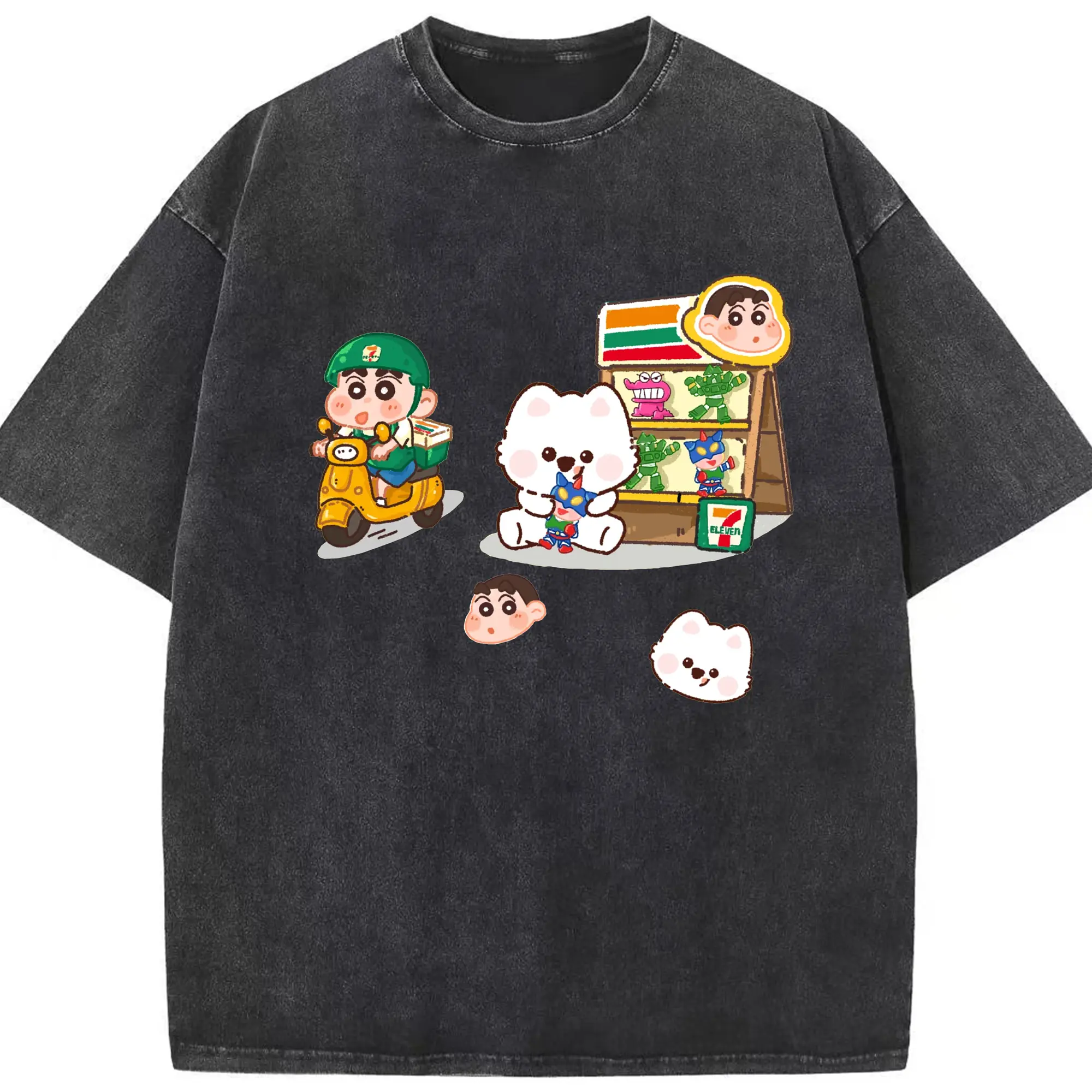 クレヨンしんちゃん × 7-Eleven 限定コラボ - 綿100％ ヴィンテージ風 半袖Tシャツ ・ フロントプリント ・ 柔らか肌触り ・ 通気性 快適 ・ スポーツ カジュアル 外出用