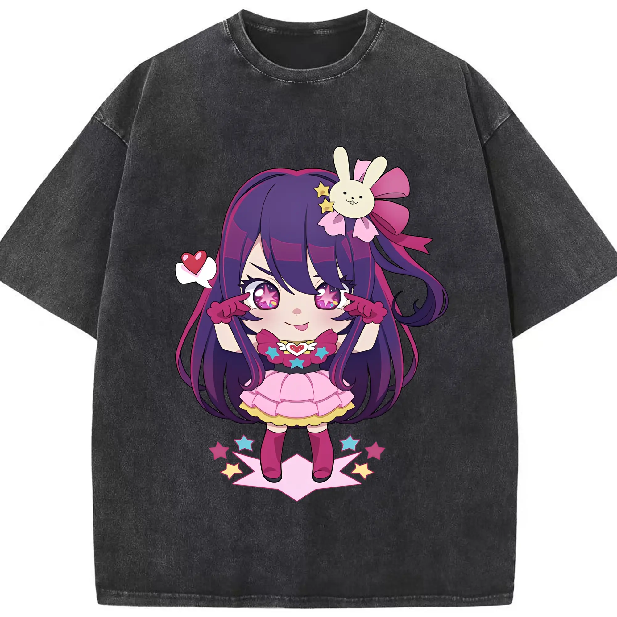 新作推しの子星野アイキャラクター ちびキャラ - 綿100％ ヴィンテージ風 半袖Tシャツ ・ フロントプリント ・ 柔らか肌触り ・ 通気性 快適 ・ スポーツ カジュアル 外出用