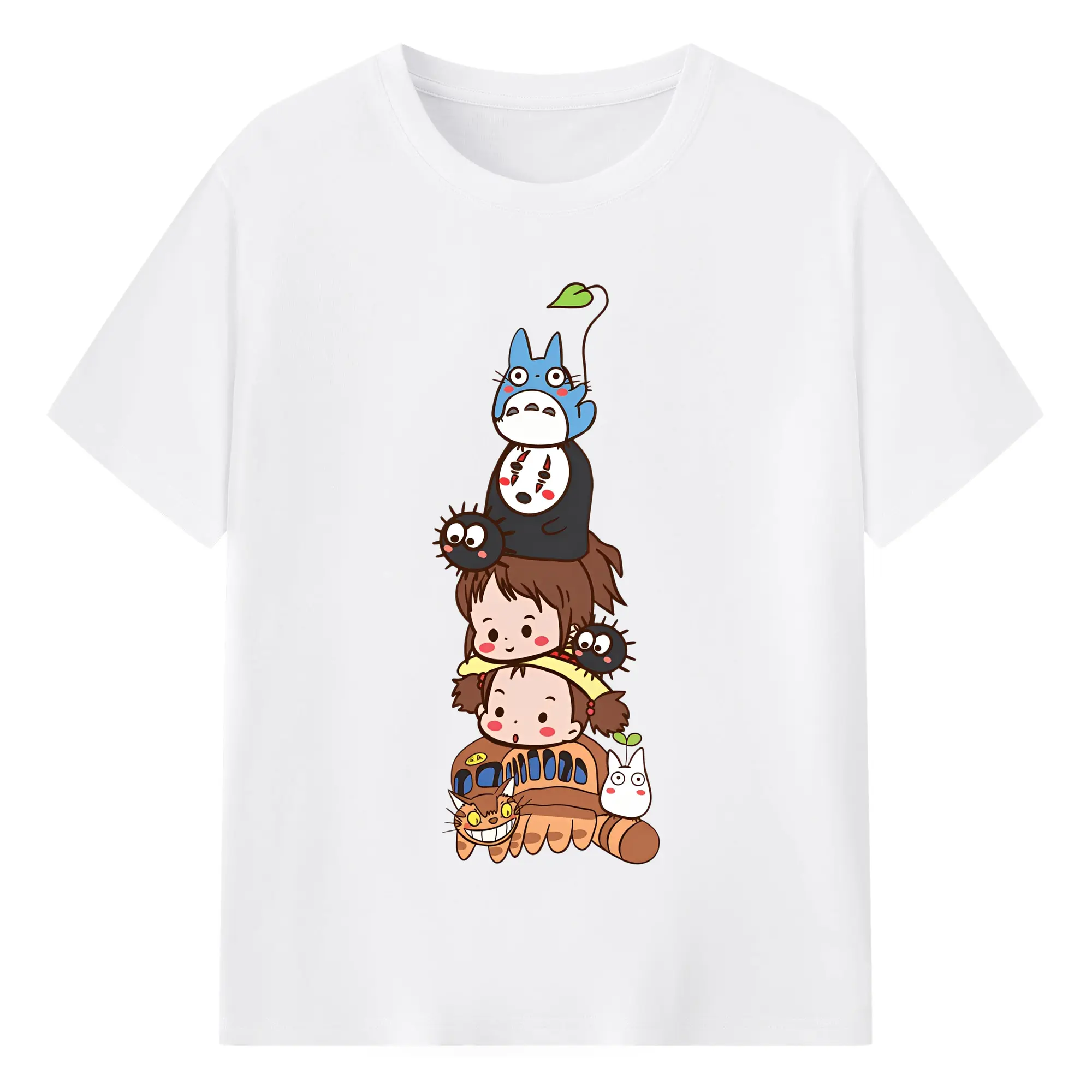 となりのトトロネコバス草壁メイサツキ積み重ね - 綿100％ 半袖Tシャツ ・ フロントプリント ・ 快適 通気性 ・ 日常使い 散歩 スポーツ用