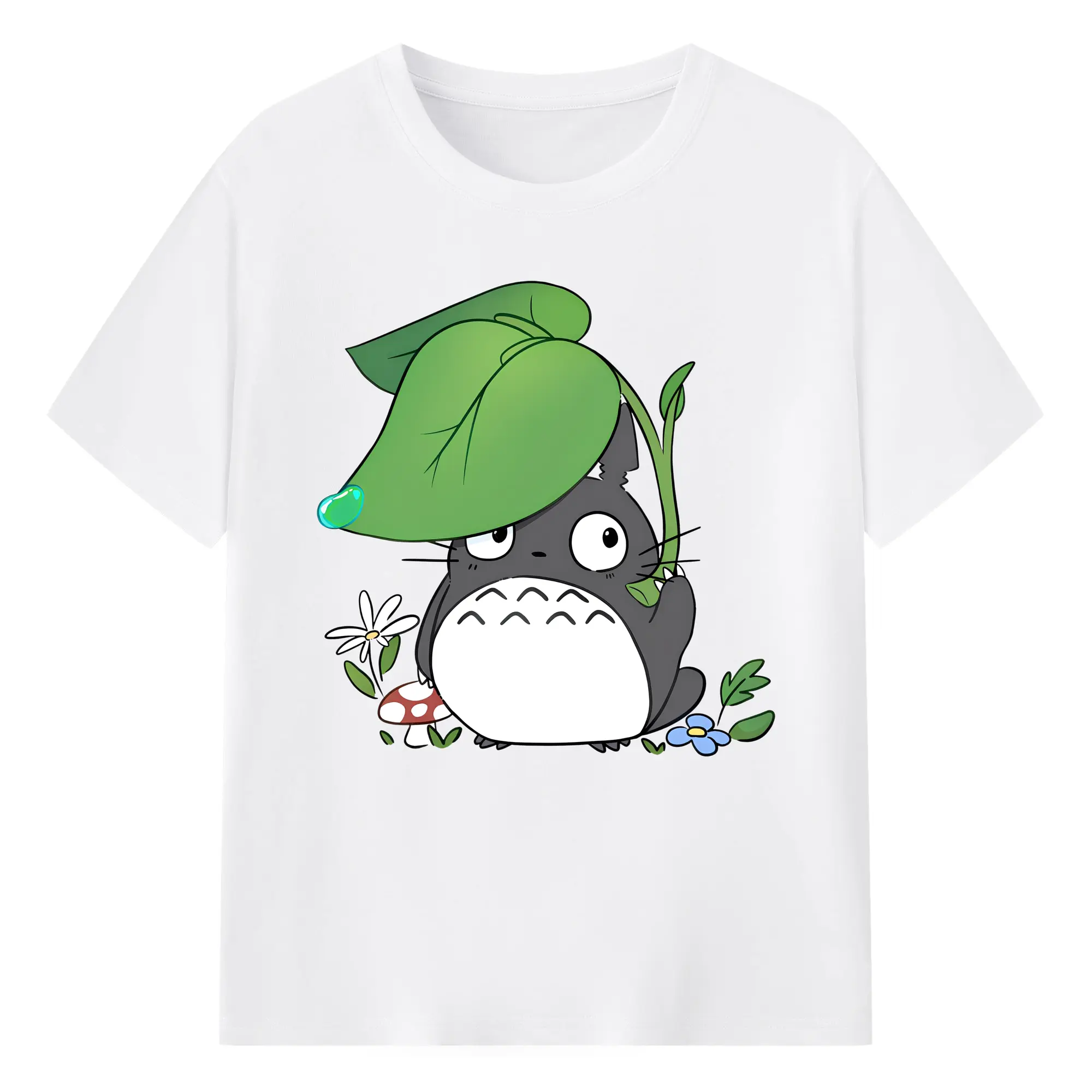 トトロ 雨の日 可愛い - 綿100％ 半袖Tシャツ ・ フロントプリント ・ 快適 通気性 ・ 日常使い 散歩 スポーツ用