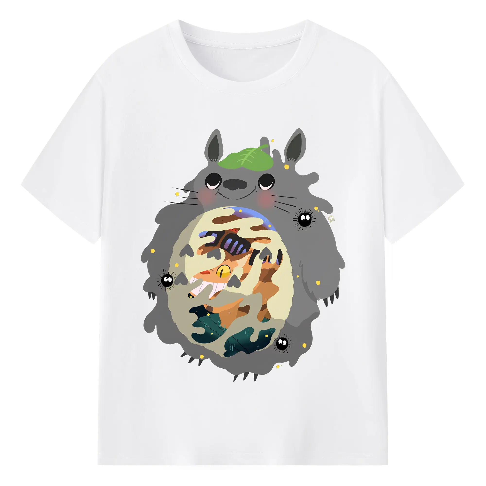 トトロ&ネコバス可愛い - 綿100％ 半袖Tシャツ ・ フロントプリント ・ 快適 通気性 ・ 日常使い 散歩 スポーツ用