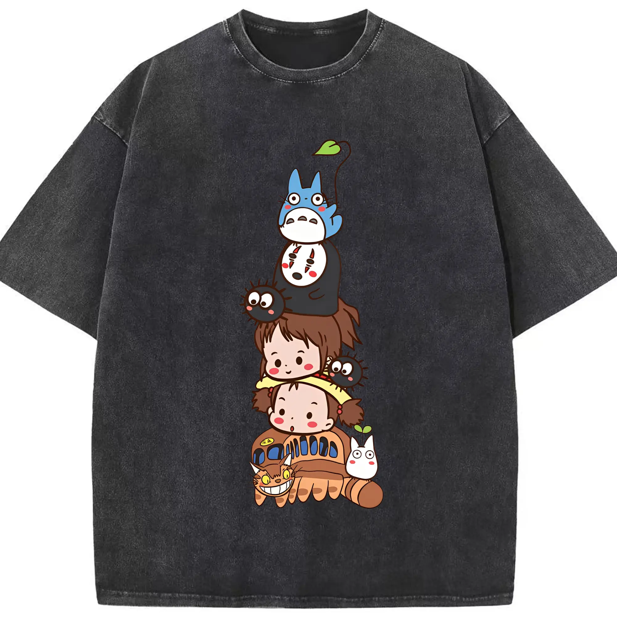 となりのトトロネコバス草壁メイサツキ積み重ね - 綿100％ ヴィンテージ風 半袖Tシャツ ・ フロントプリント ・ 柔らか肌触り ・ 通気性 快適 ・ スポーツ カジュアル 外出用