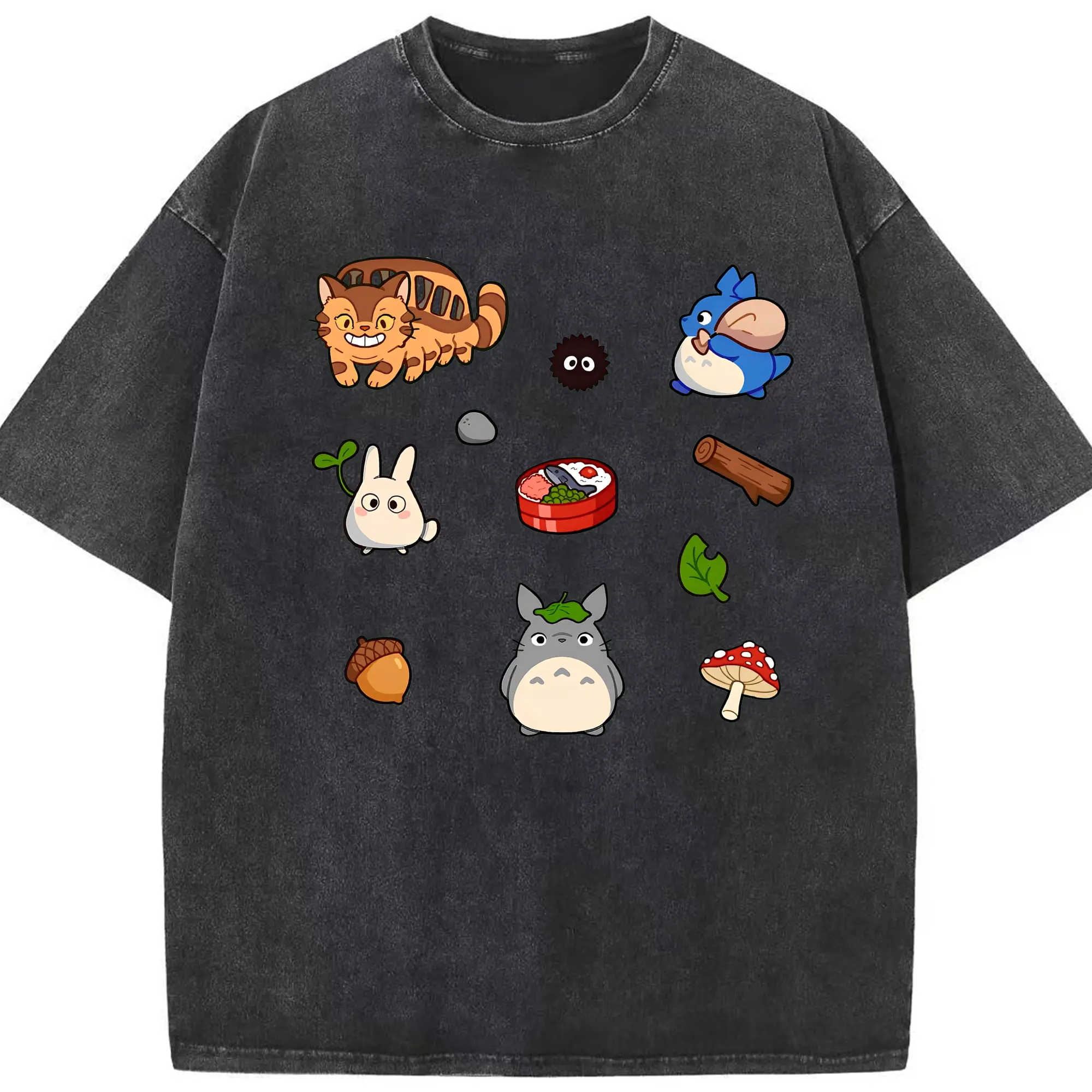 となりのトトロファミリー 数量限定 - 綿100％ ヴィンテージ風 半袖Tシャツ ・ フロントプリント ・ 柔らか肌触り ・ 通気性 快適 ・ スポーツ カジュアル 外出用