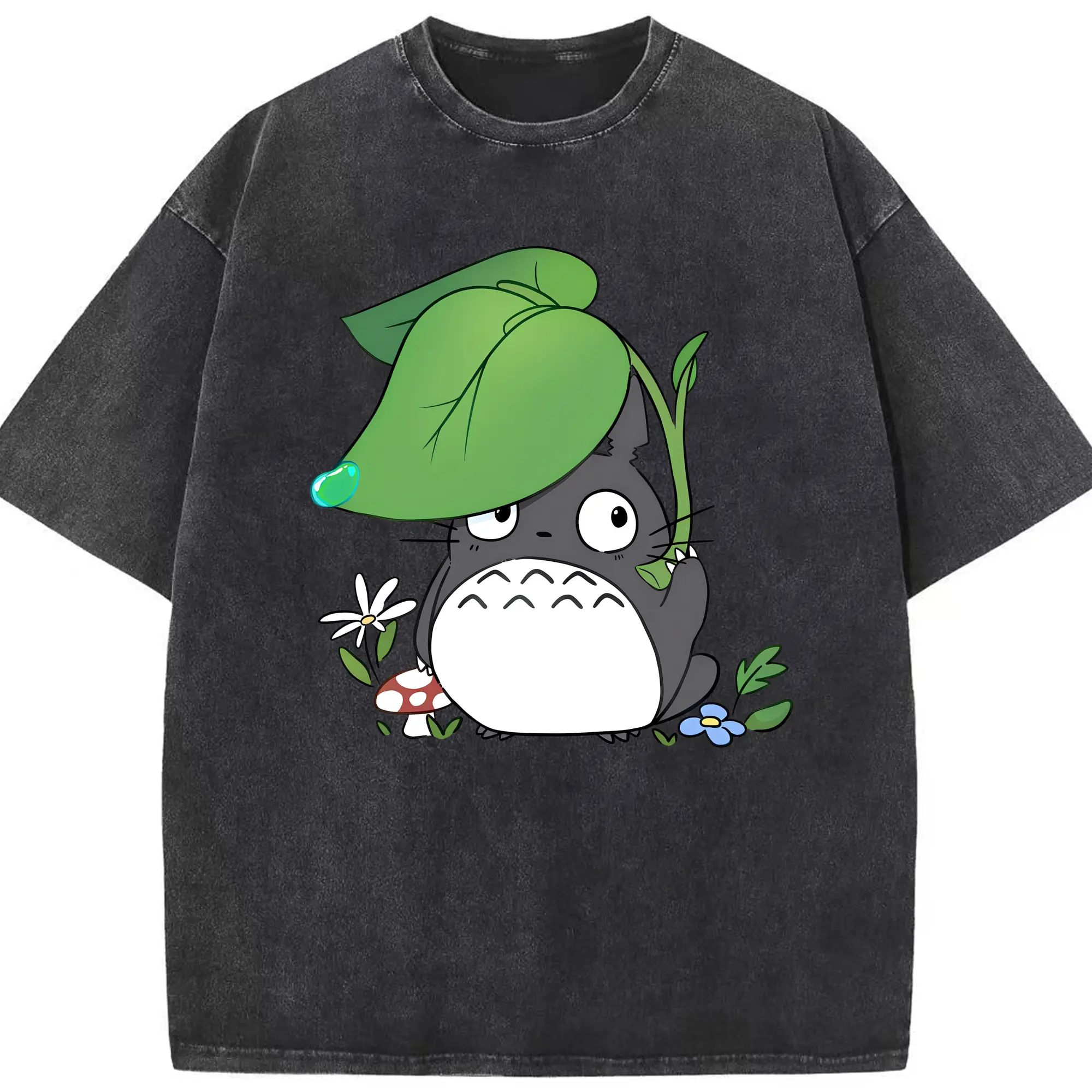 トトロ 雨の日 可愛い - 綿100％ ヴィンテージ風 半袖Tシャツ ・ フロントプリント ・ 柔らか肌触り ・ 通気性 快適 ・ スポーツ カジュアル 外出用