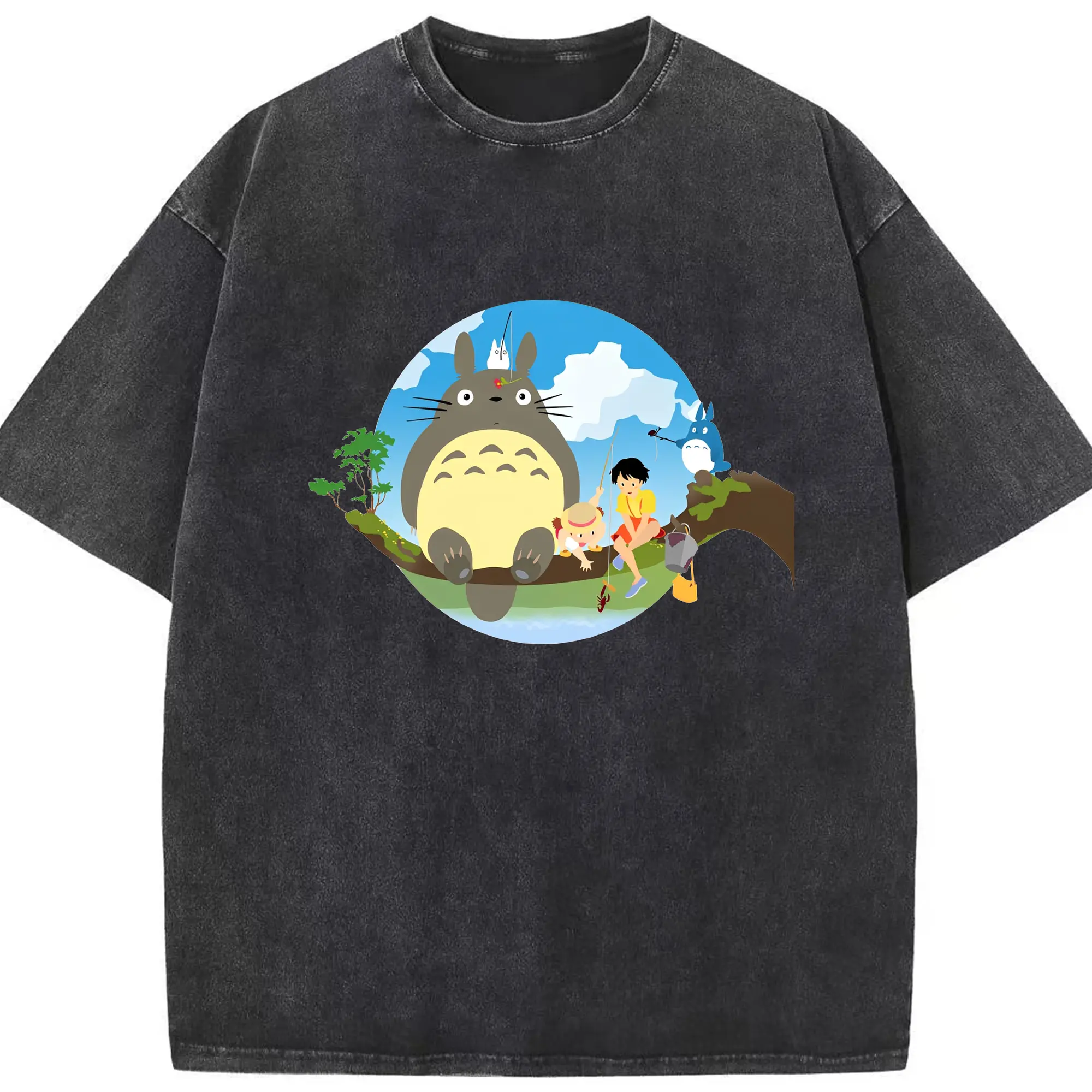 宮崎駿 アニメ トトロ キャラクター - 綿100％ ヴィンテージ風 半袖Tシャツ ・ フロントプリント ・ 柔らか肌触り ・ 通気性 快適 ・ スポーツ カジュアル 外出用