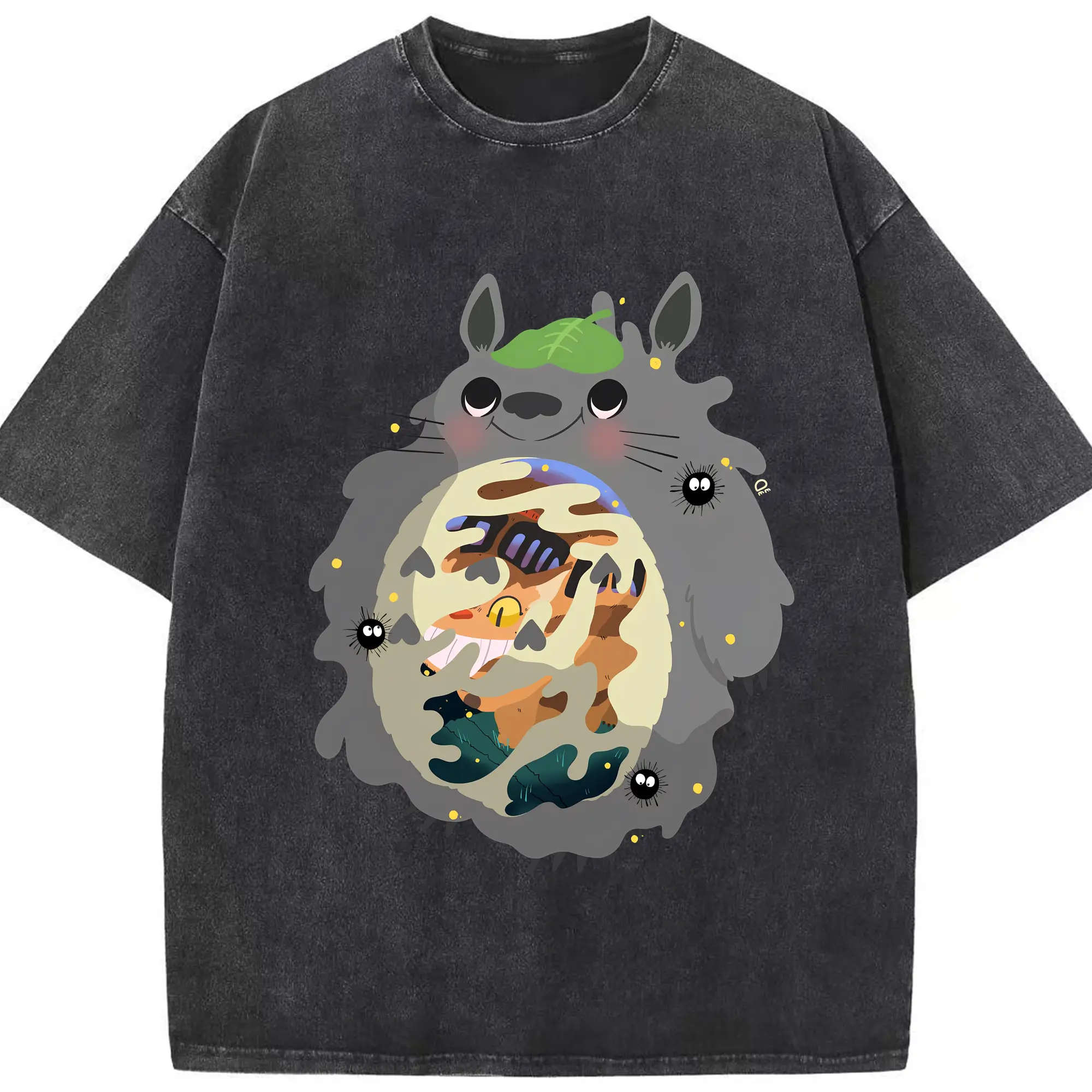 トトロ&ネコバス可愛い - 綿100％ ヴィンテージ風 半袖Tシャツ ・ フロントプリント ・ 柔らか肌触り ・ 通気性 快適 ・ スポーツ カジュアル 外出用