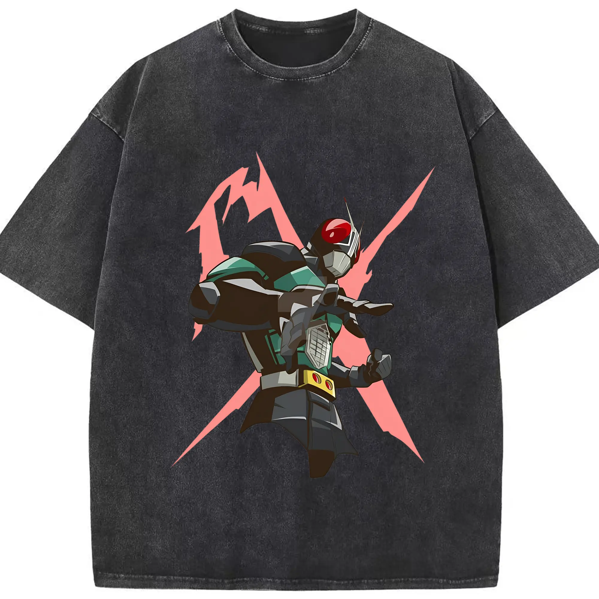 初代「仮面ライダー」 - 綿100％ ヴィンテージ風 半袖Tシャツ ・ フロントプリント ・ 柔らか肌触り ・ 通気性 快適 ・ スポーツ カジュアル 外出用
